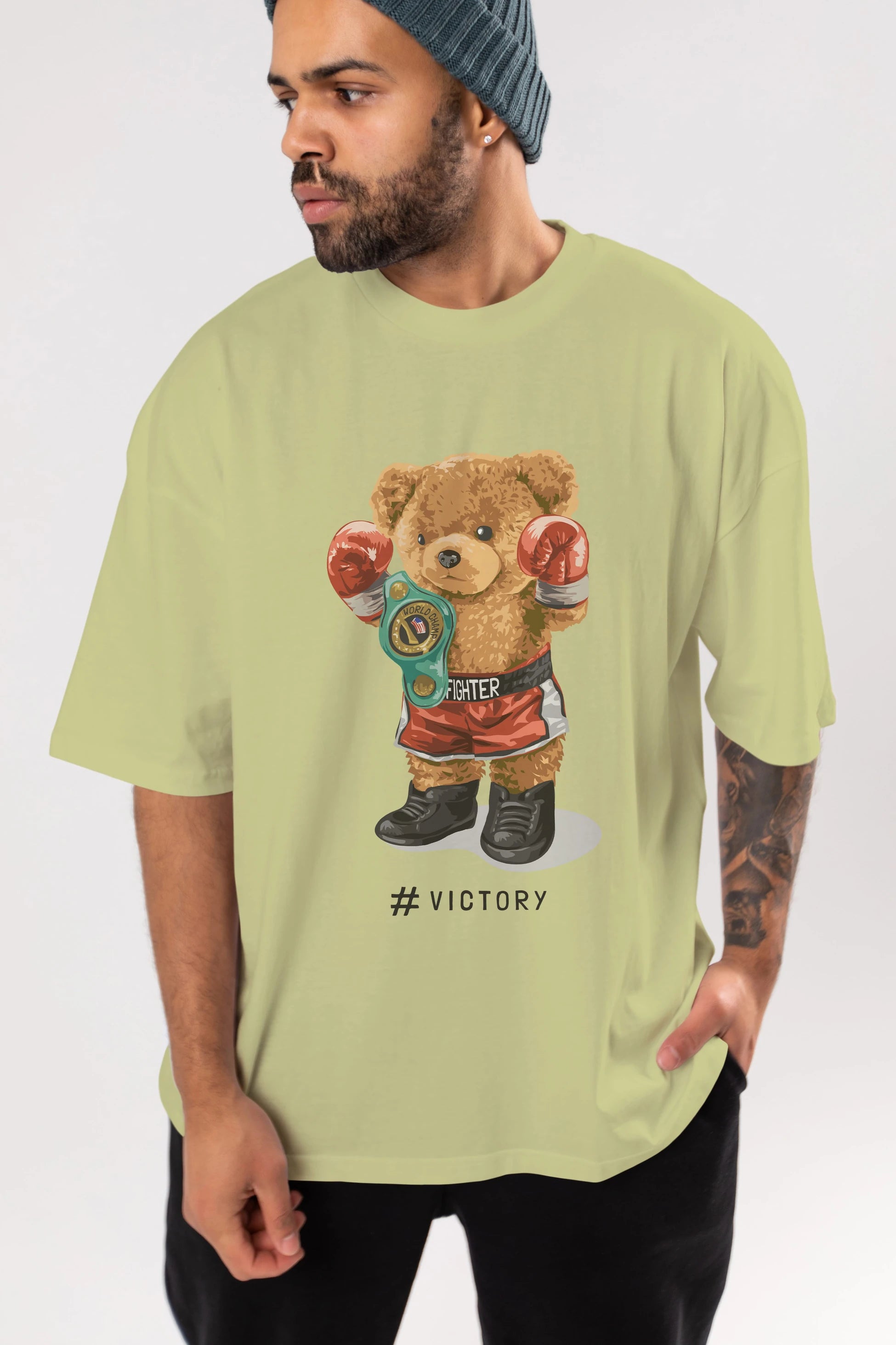 Teddy Bear Victory Ön Baskılı Oversize t-shirt Erkek Kadın Unisex %100 Pamuk