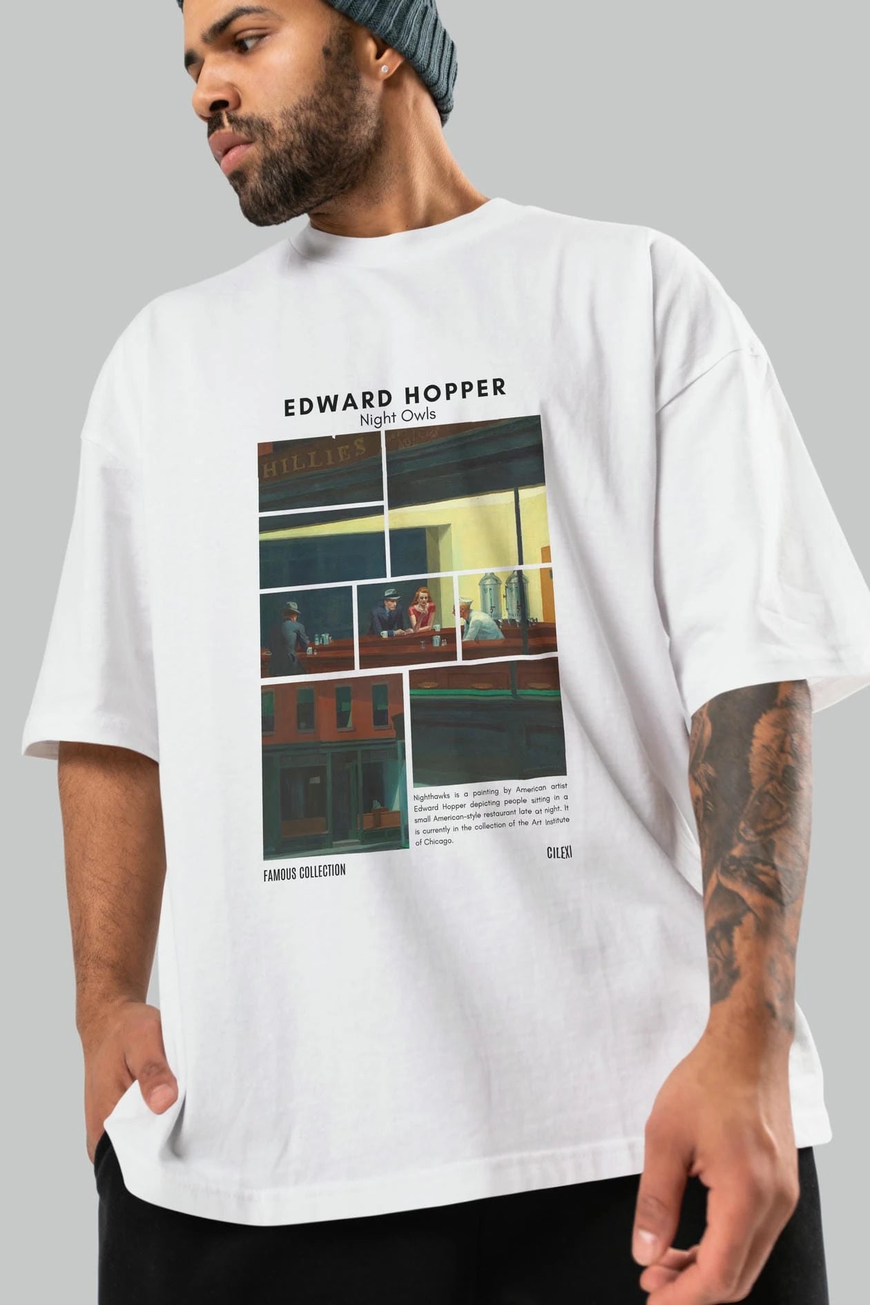 Edward Hopper Night Owls ön Baskılı Oversize t-shirt Erkek Kadın Bisiklet Yaka Pamuk tişort