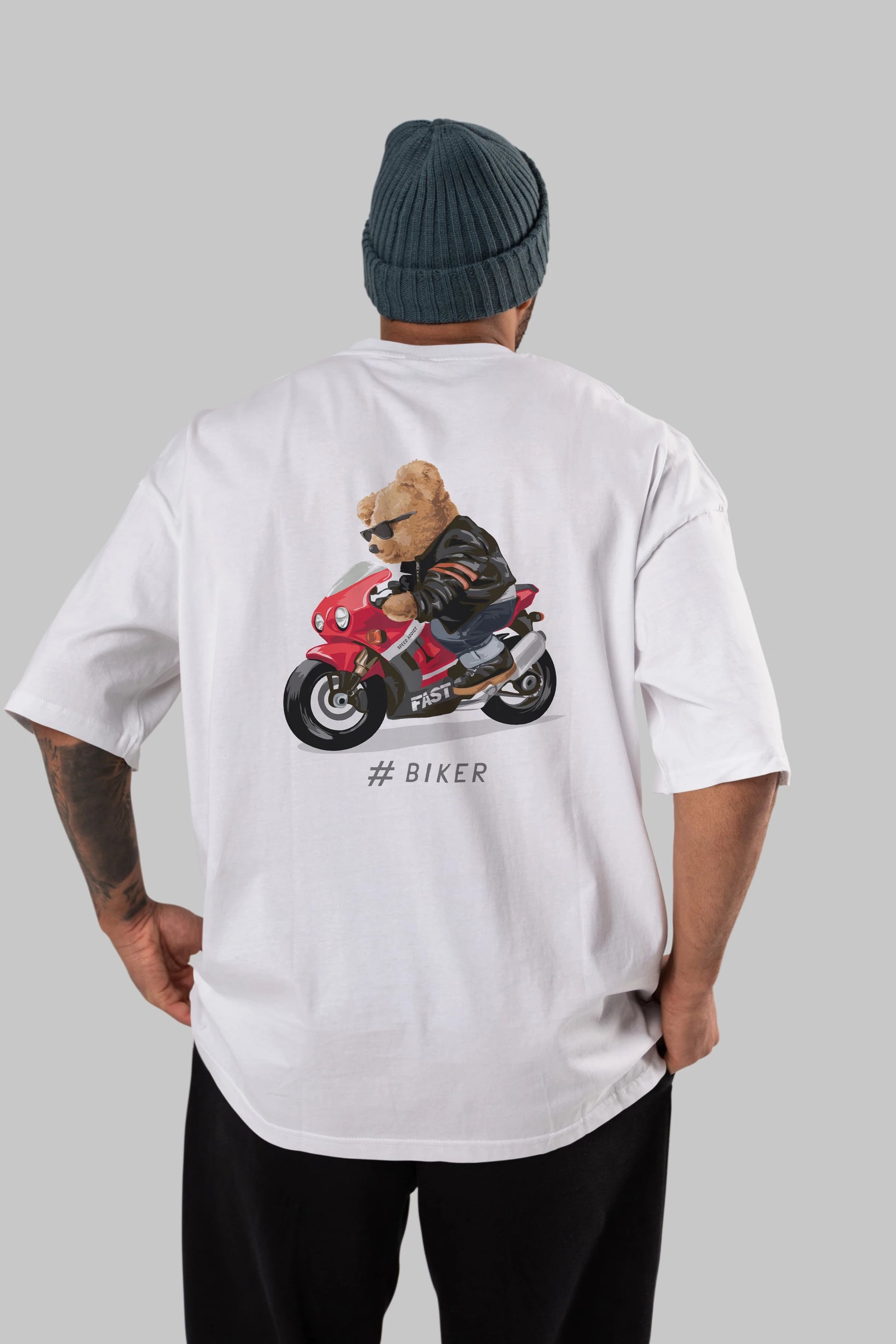 Teddy Bear Biker Arka Baskılı Oversize t-shirt Erkek Kadın Unisex %100 Pamuk