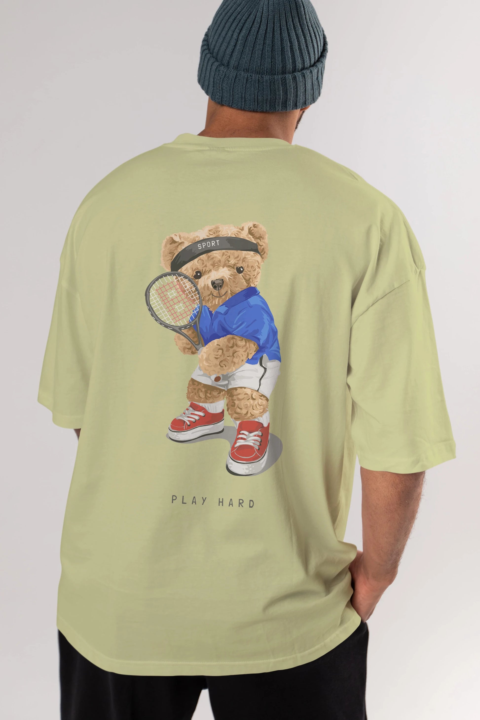 Teddy Bear Play Hard Arka Baskılı Oversize t-shirt Erkek Kadın Unisex %100 Pamuk