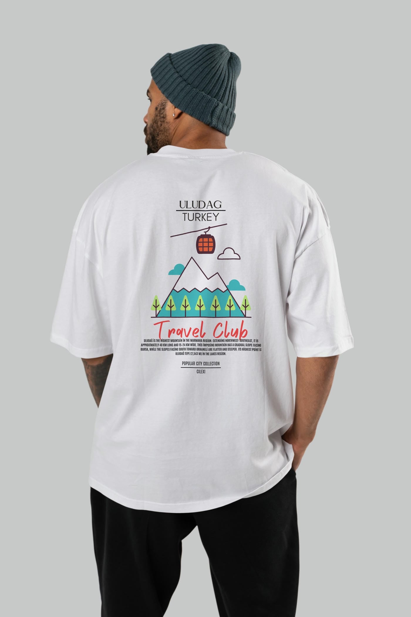 Uludağ Turkey Arka Baskılı Oversize t-shirt Erkek Kadın Pamuk Bisiklet Yaka tişort