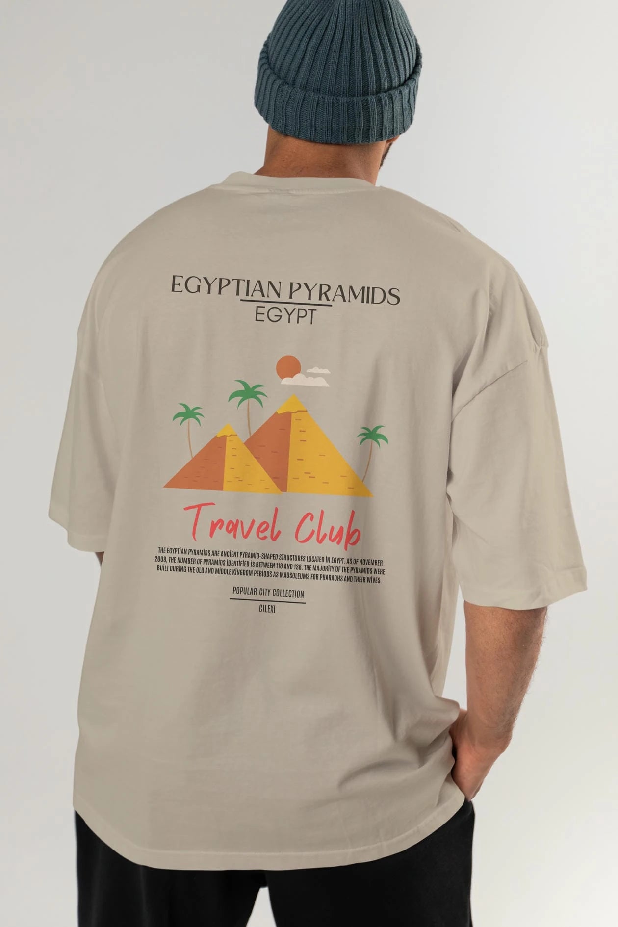 Egyptian Pyramids Egypt Arka Baskılı Oversize t-shirt Erkek Kadın Pamuk Bisiklet Yaka tişort
