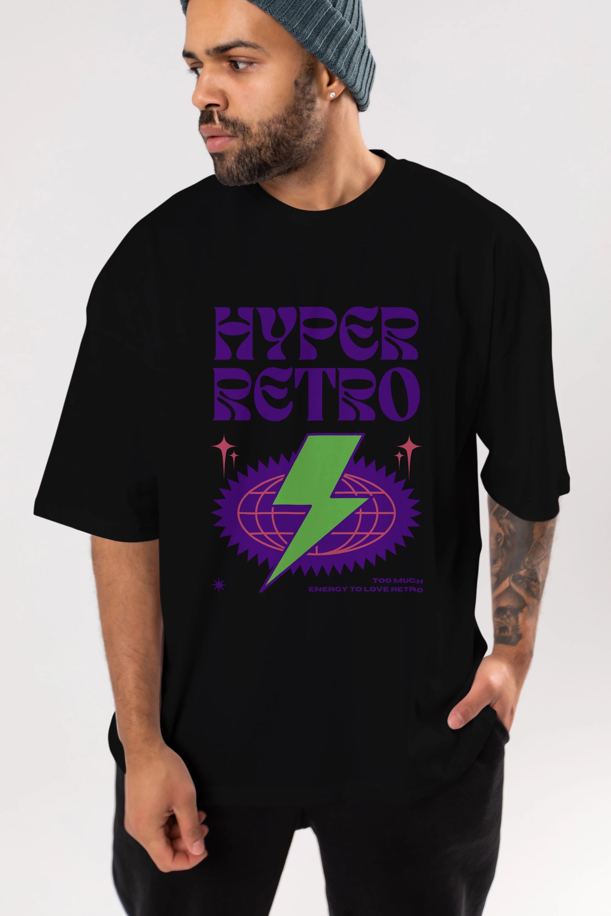 Hyper Retro Yazılı Ön Baskılı Oversize t-shirt Erkek Kadın Unisex