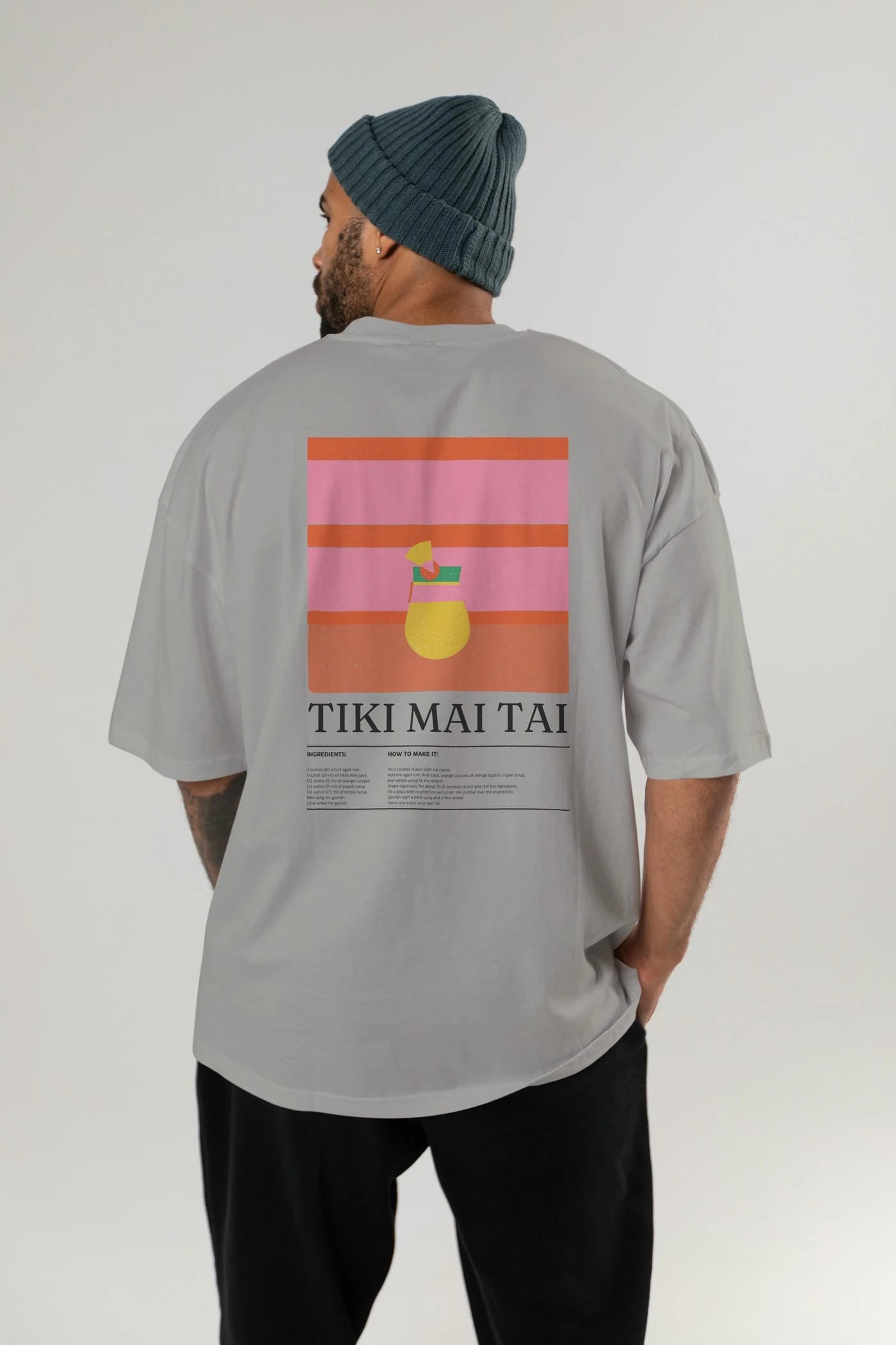 Tiki Mai Tai Kokteyl Serisi Arka Baskılı Oversize t-shirt Erkek Kadın %100 Pamuk Bisiklet Yaka tişort