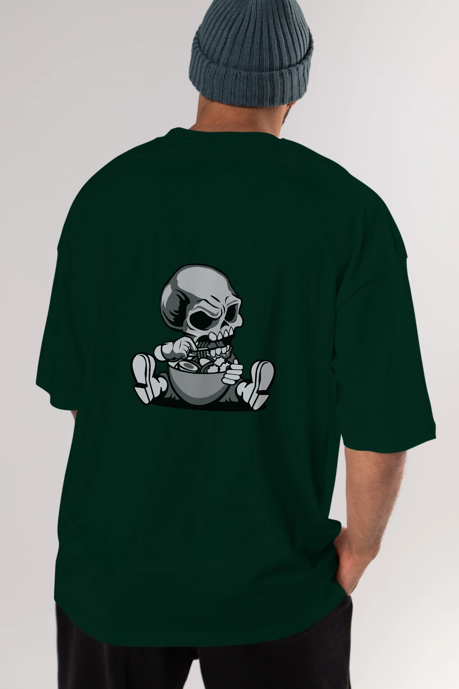 Skull Eat Ramen Arka Baskılı Oversize t-shirt Erkek Kadın Unisex %100 Pamuk tişort