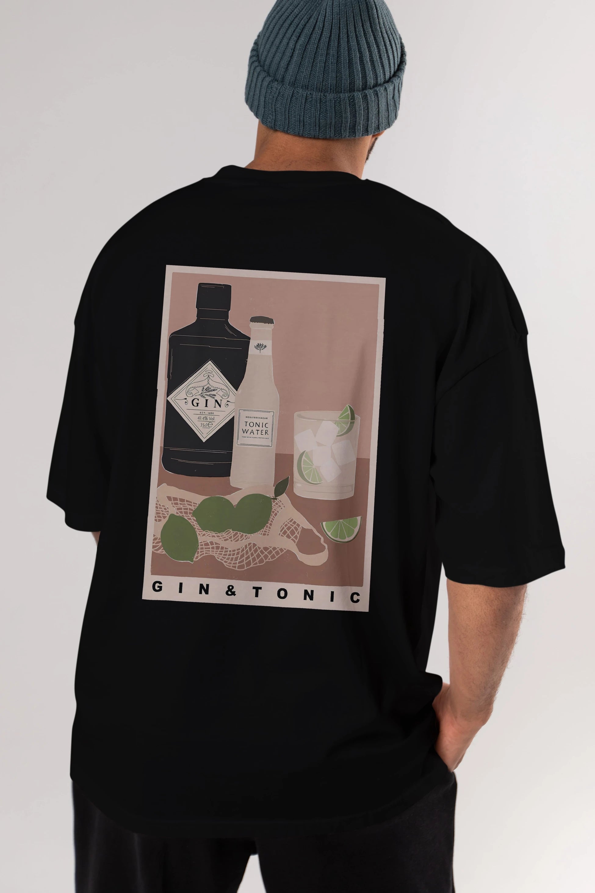 Gin Tonic Arka Baskılı Oversize t-shirt Erkek Kadın Unisex %100 Pamuk Bisiklet Yaka tişort
