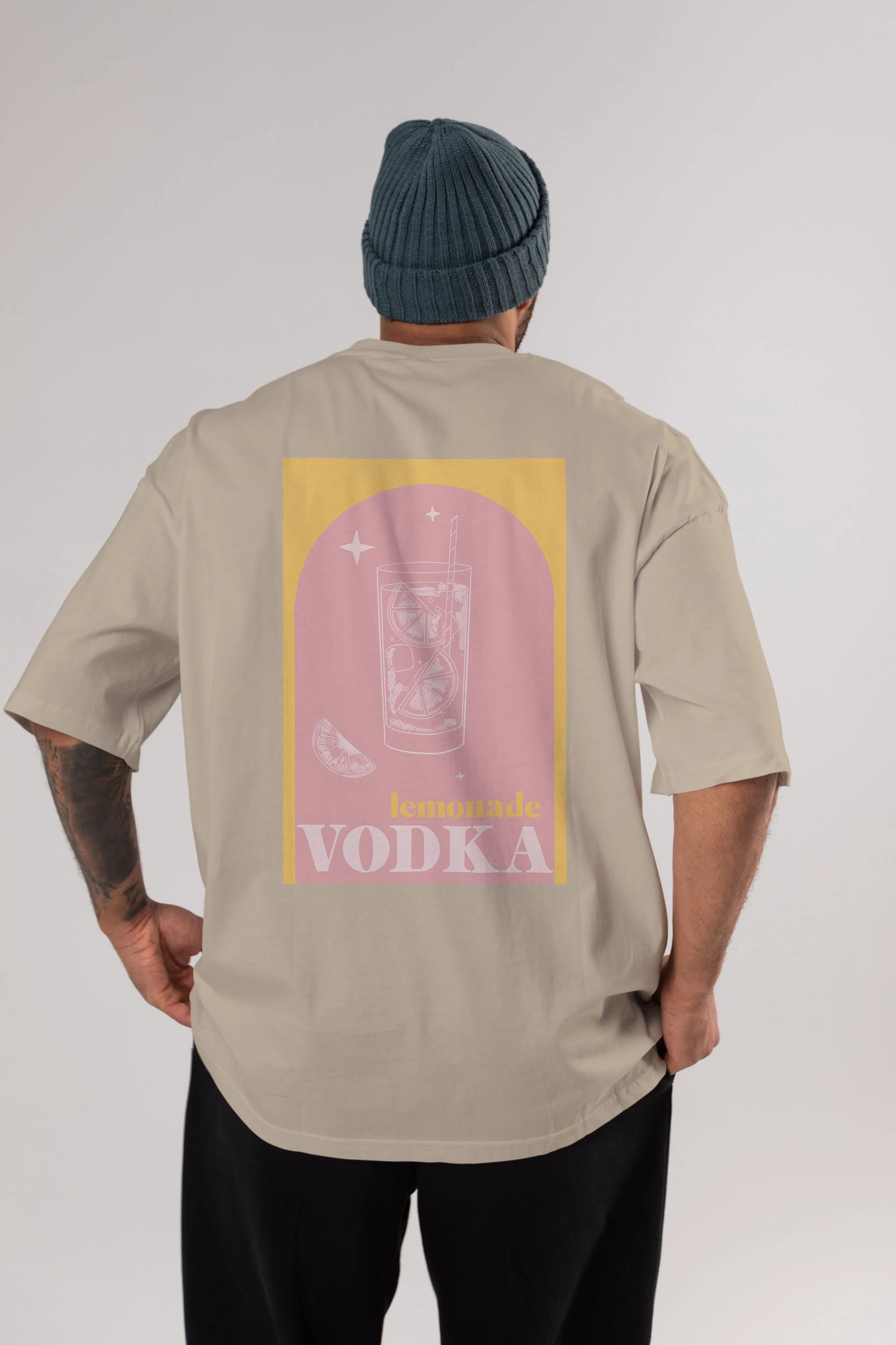 Vodka Limon Arka Baskılı Oversize t-shirt Erkek Kadın Unisex %100 Pamuk Bisiklet Yaka tişort