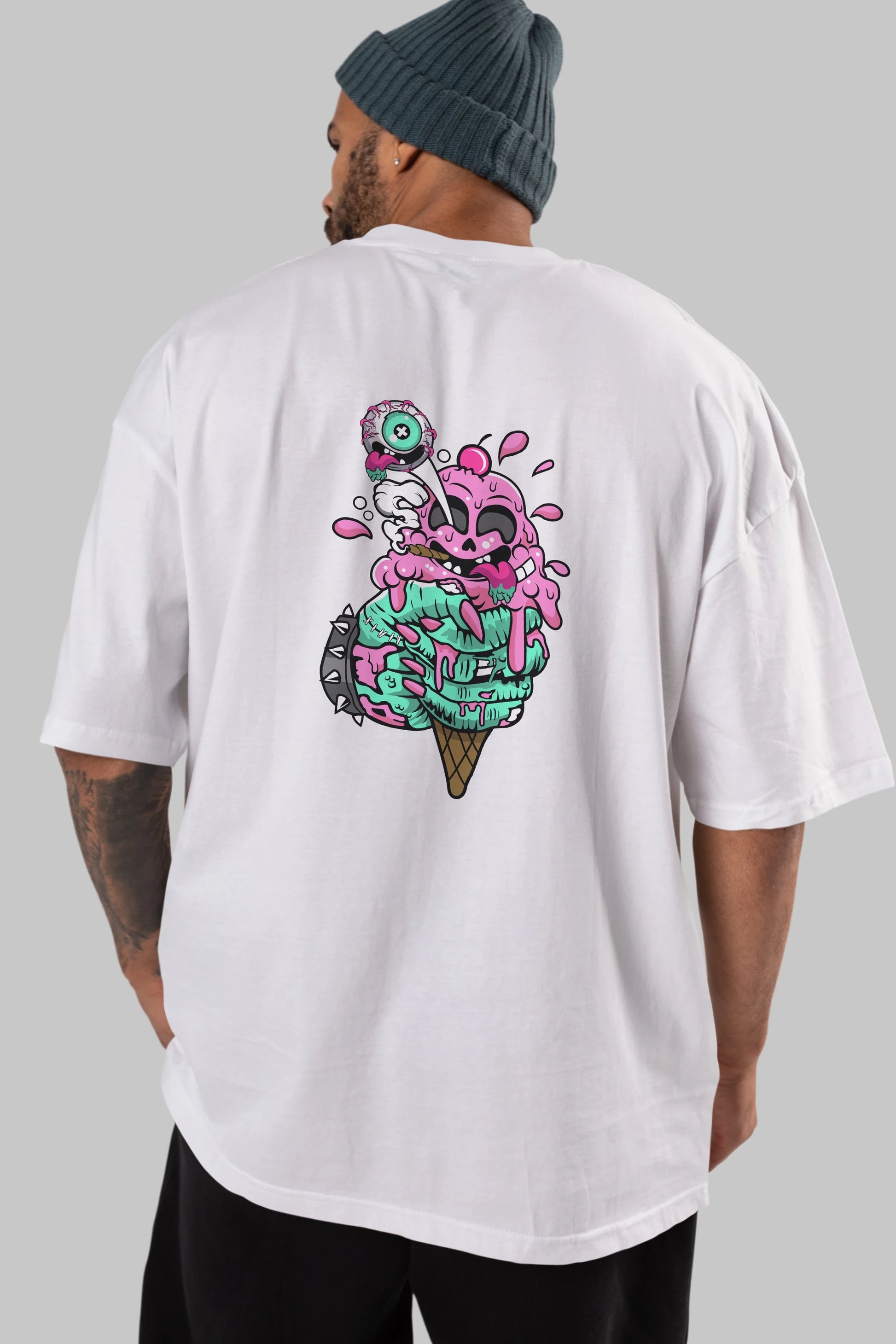 Ice Cream Zombie Arka Baskılı Oversize t-shirt Erkek Kadın Unisex %100 Pamuk tişort