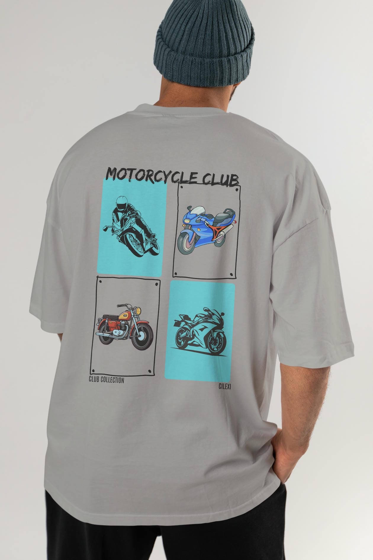 Motorcycle Club Arka Baskılı Oversize t-shirt Erkek Kadın %100 Pamuk Bisiklet Yaka tişort