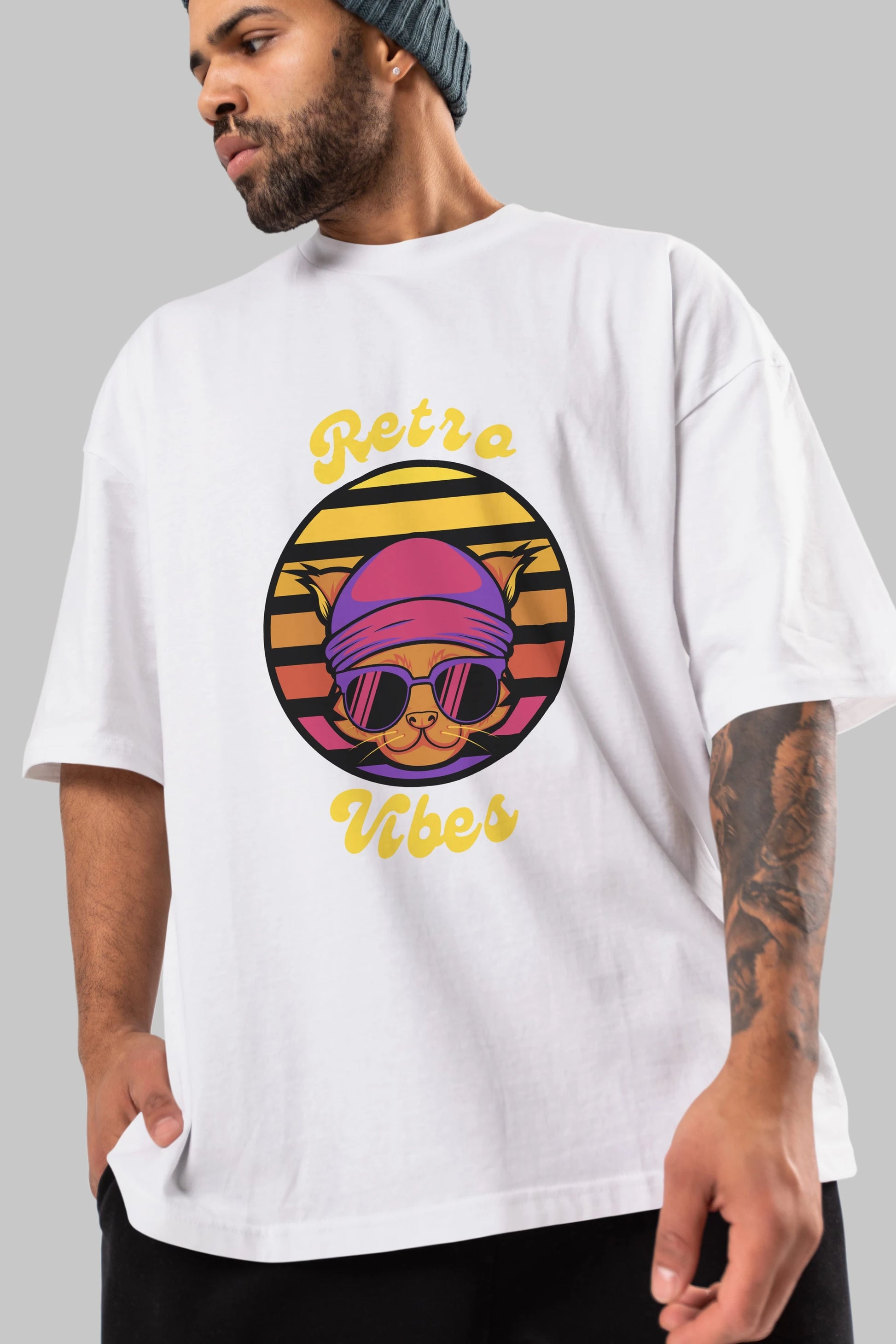 Cat Retro Vibes Ön Baskılı Oversize t-shirt Erkek Kadın Unisex
