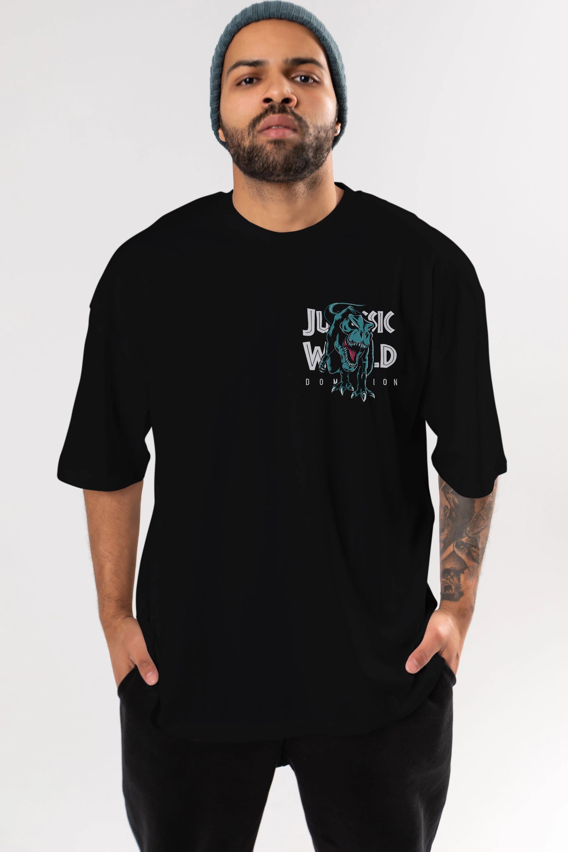 Jurassic Park (1) Ön Sol Baskılı Oversize t-shirt Erkek Kadın Unisex %100 Pamuk Bisiklet Yaka tişort