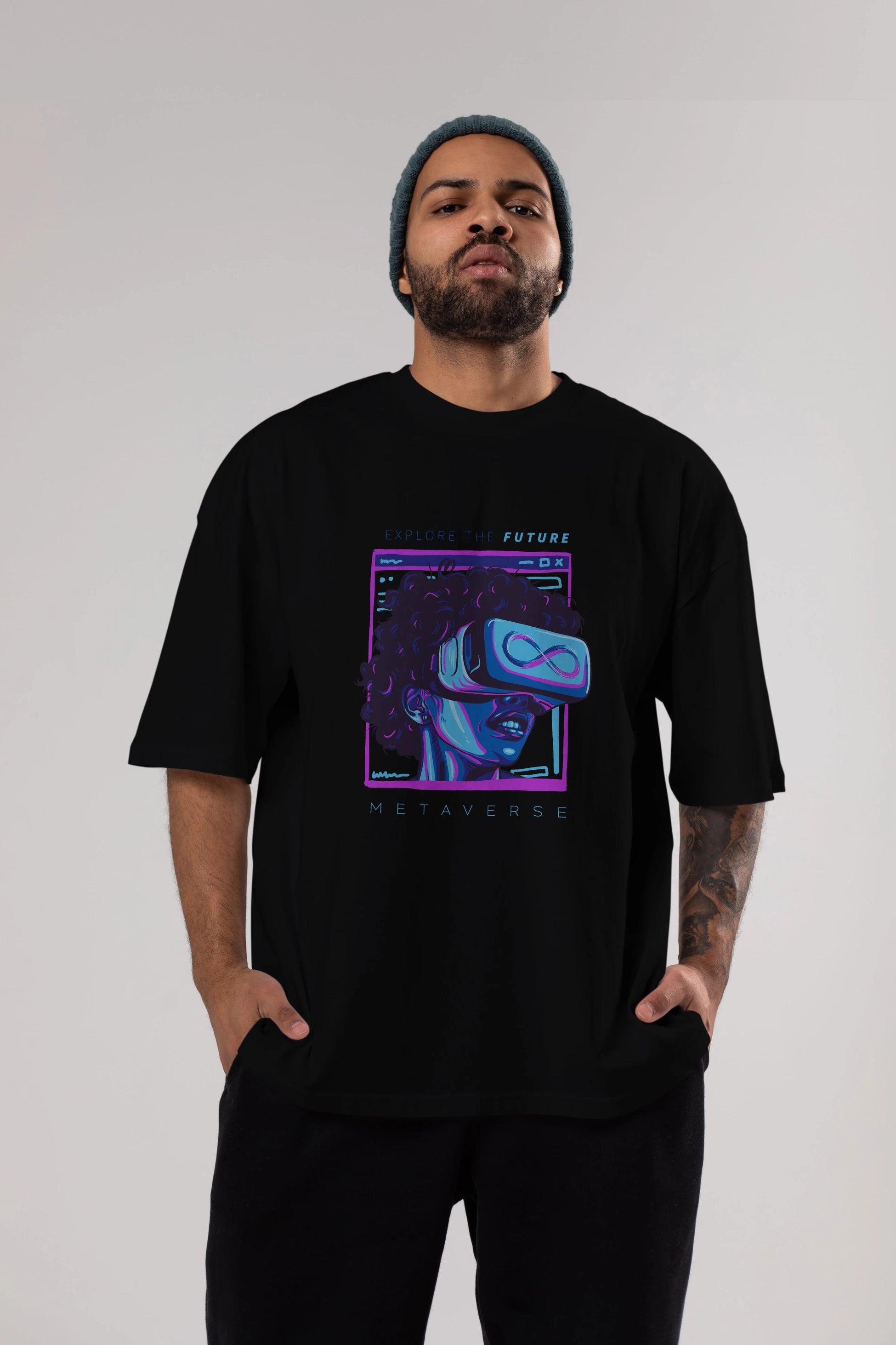 Metaverse Ön Baskılı Oversize t-shirt Erkek Kadın Unisex