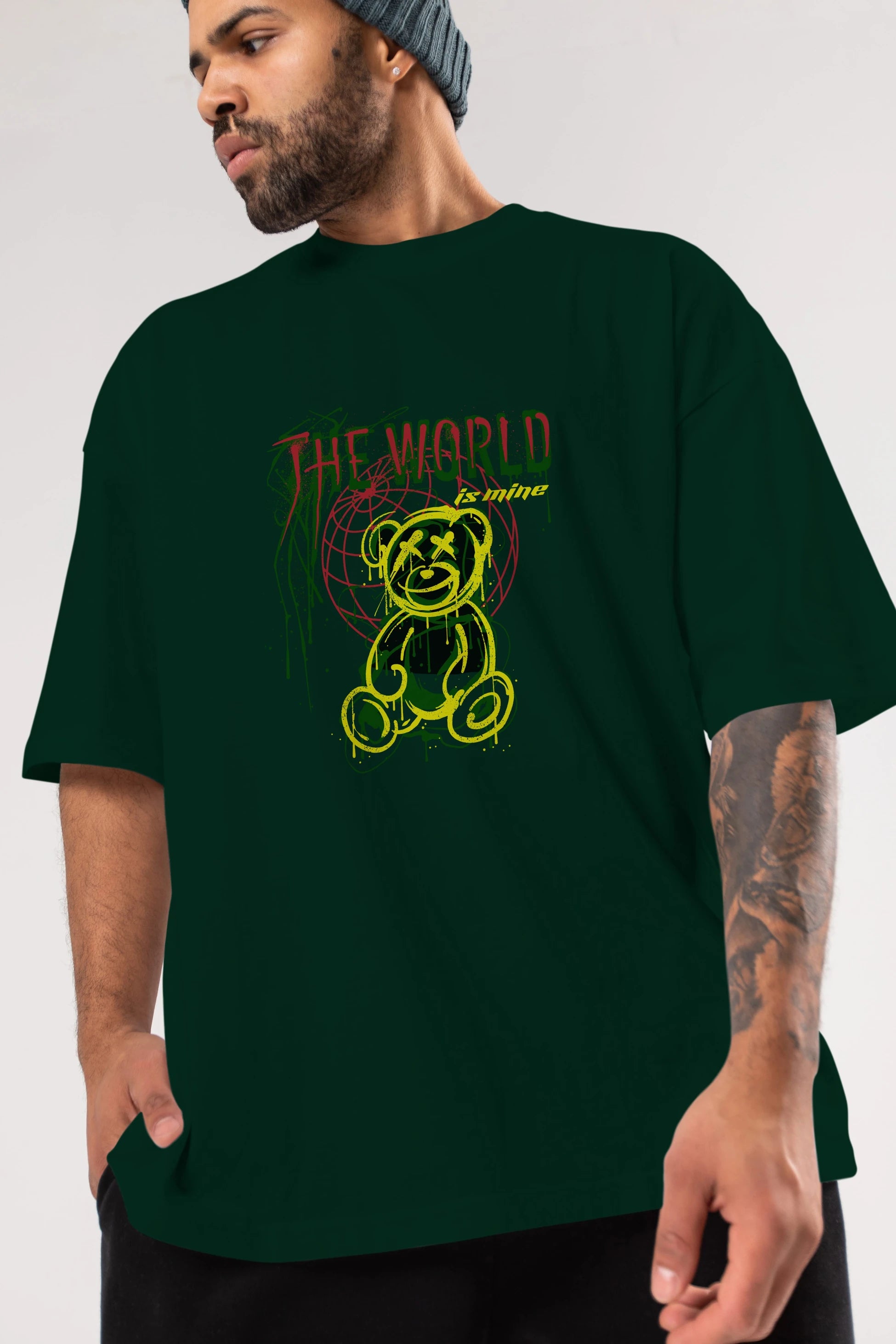 The World is Mine Bear Ön Baskılı Oversize t-shirt Erkek Kadın Unisex