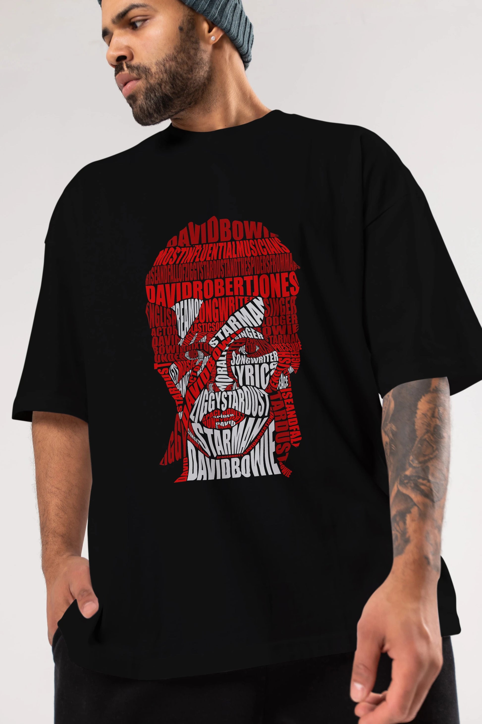 David Bowie Calligram Ön Baskılı Oversize t-shirt %100 pamuk Erkek Kadın Unisex