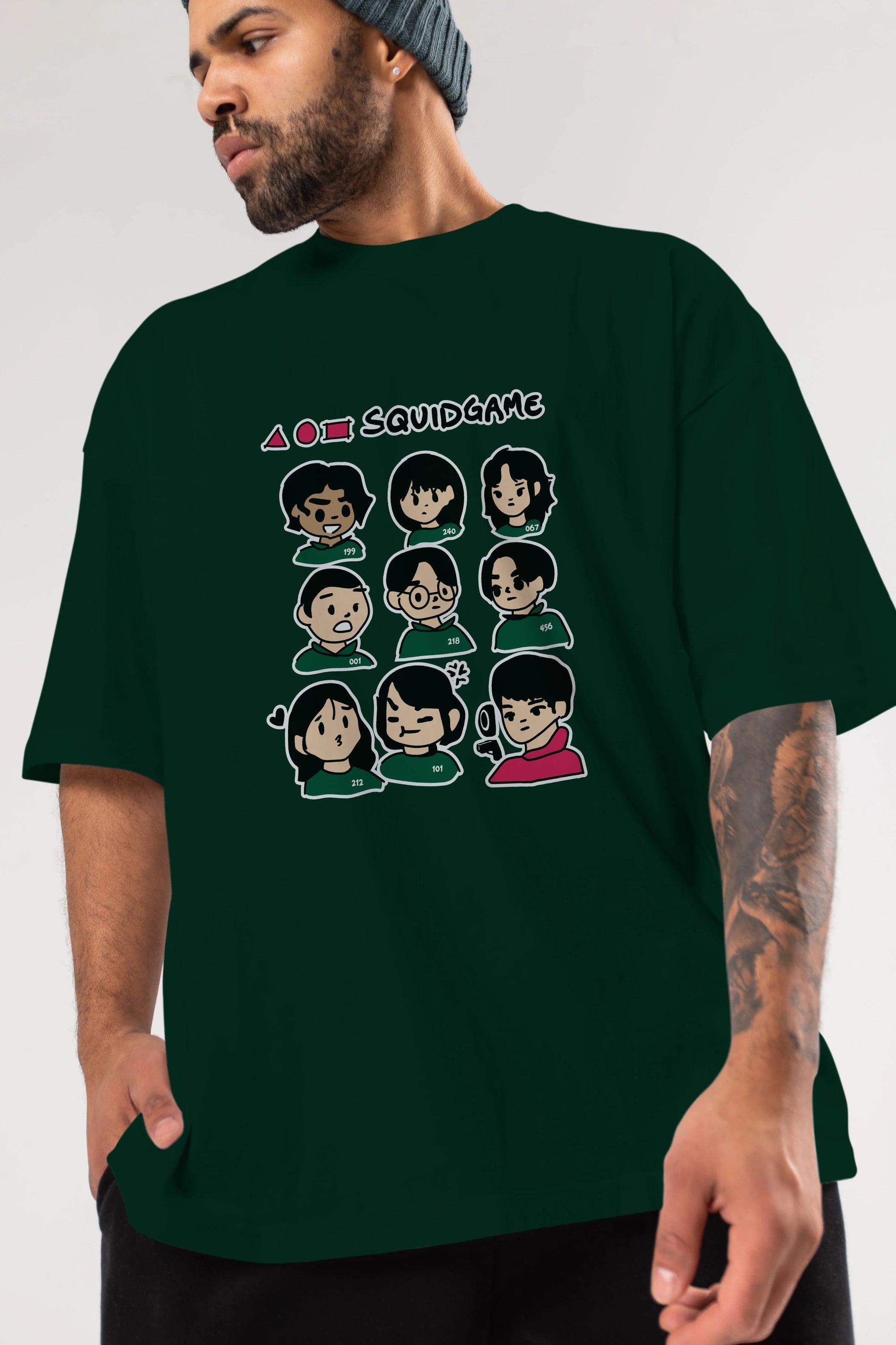 Squid Game (3) Ön Baskılı Oversize t-shirt Erkek Kadın Unisex %100 Pamuk Bisiklet Yaka tişort