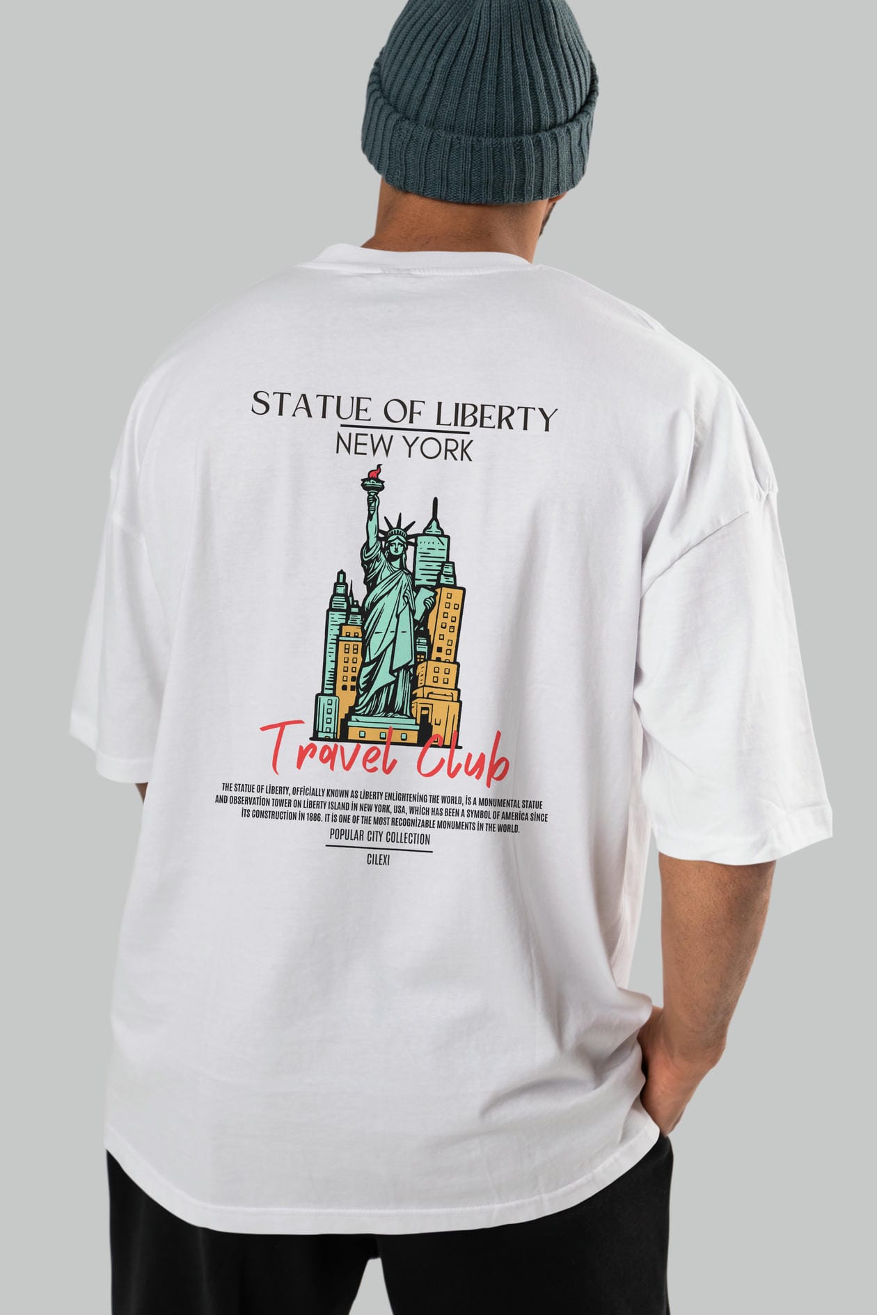 Statue Of Liberty New York Arka Baskılı Oversize t-shirt Erkek Kadın Pamuk Bisiklet Yaka tişort