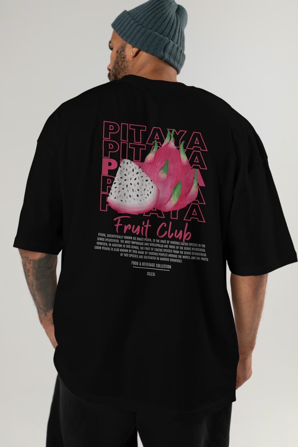 Pitaya Arka Baskılı Oversize t-shirt Erkek Kadın Pamuk Bisiklet Yaka tişort