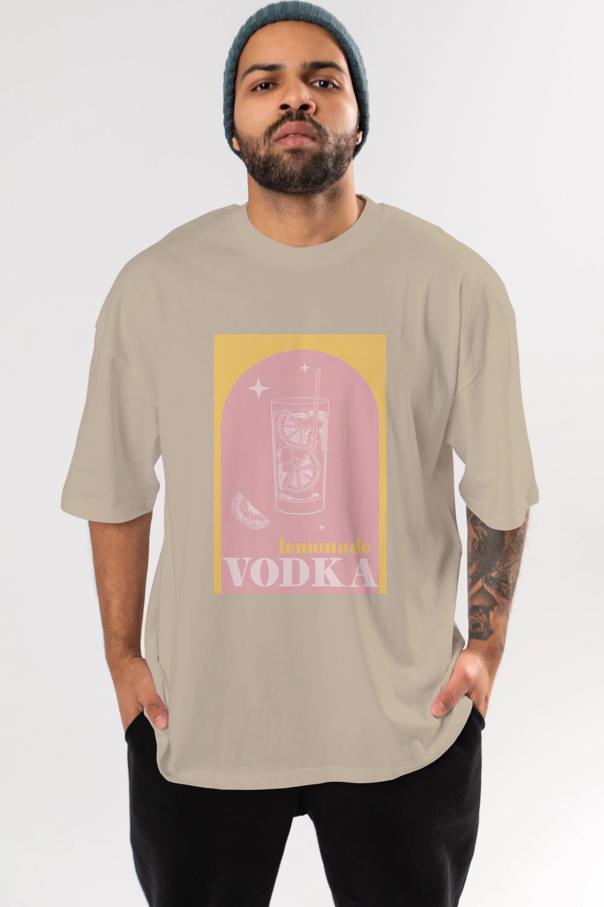 Vodka Limon Ön Baskılı Oversize t-shirt Erkek Kadın Unisex %100 Pamuk Bisiklet Yaka tişort