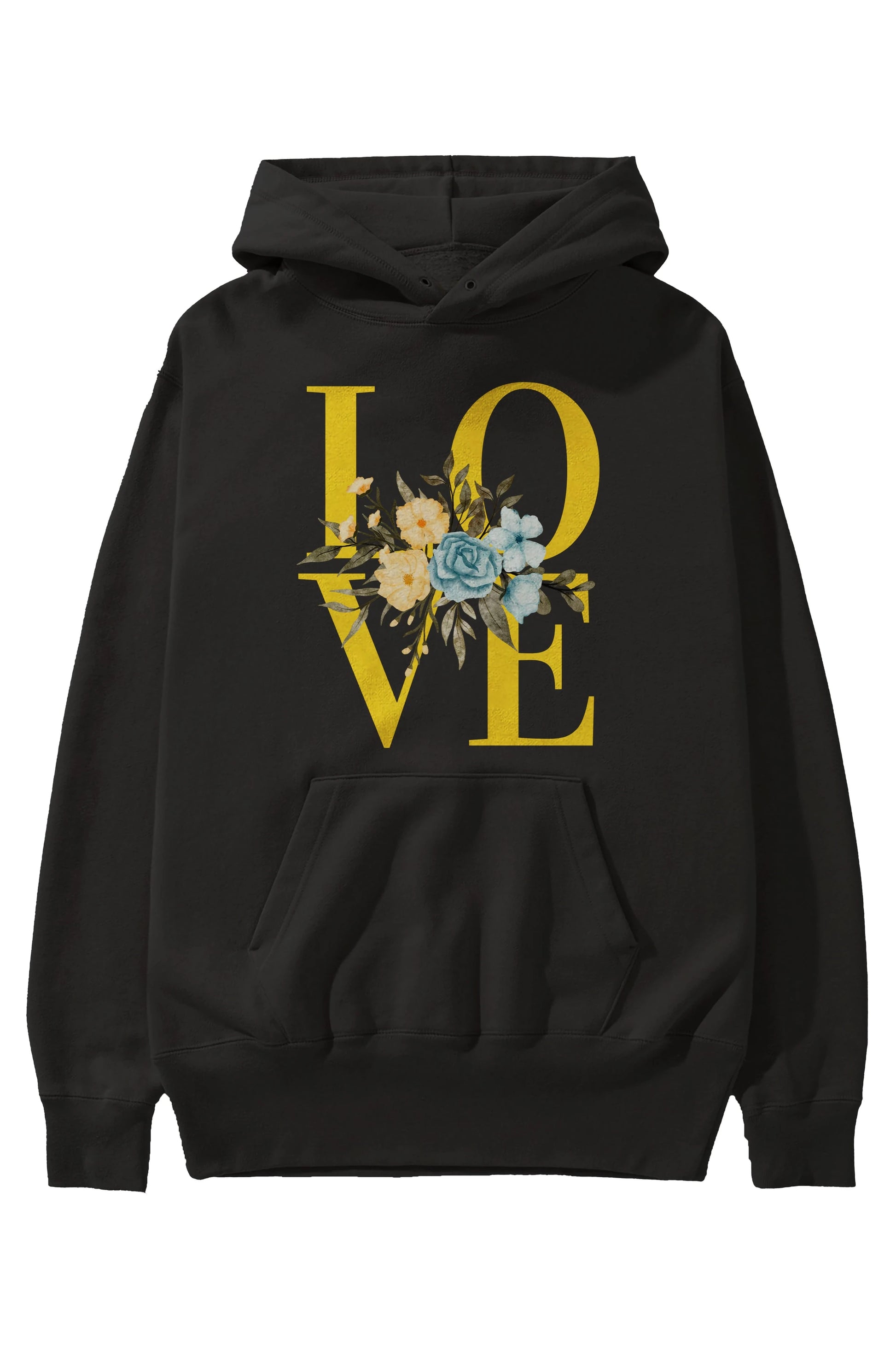 Love Flower Ön Baskılı Oversize Hoodie Kapüşonlu Sweatshirt Erkek Kadın Unisex