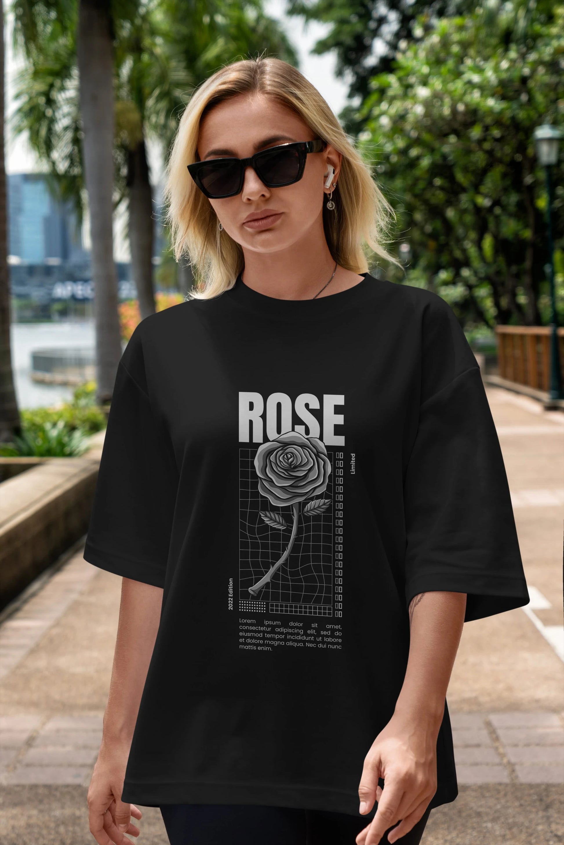 Rose Streetwear Ön Baskılı Oversize t-shirt Erkek Kadın Unisex