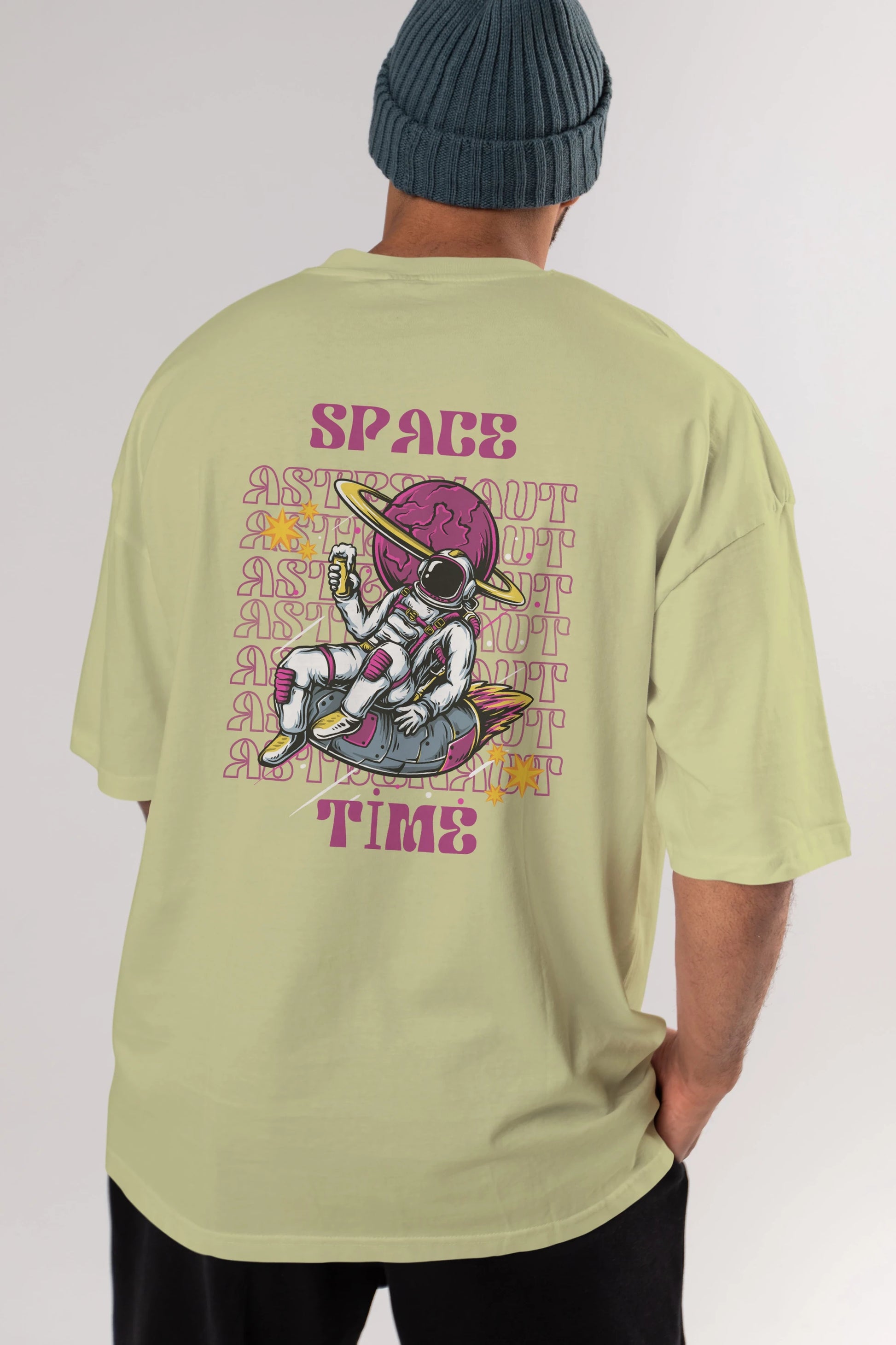 Space Time Astronaut Yazılı Arka Baskılı Oversize t-shirt Erkek Kadın Unisex