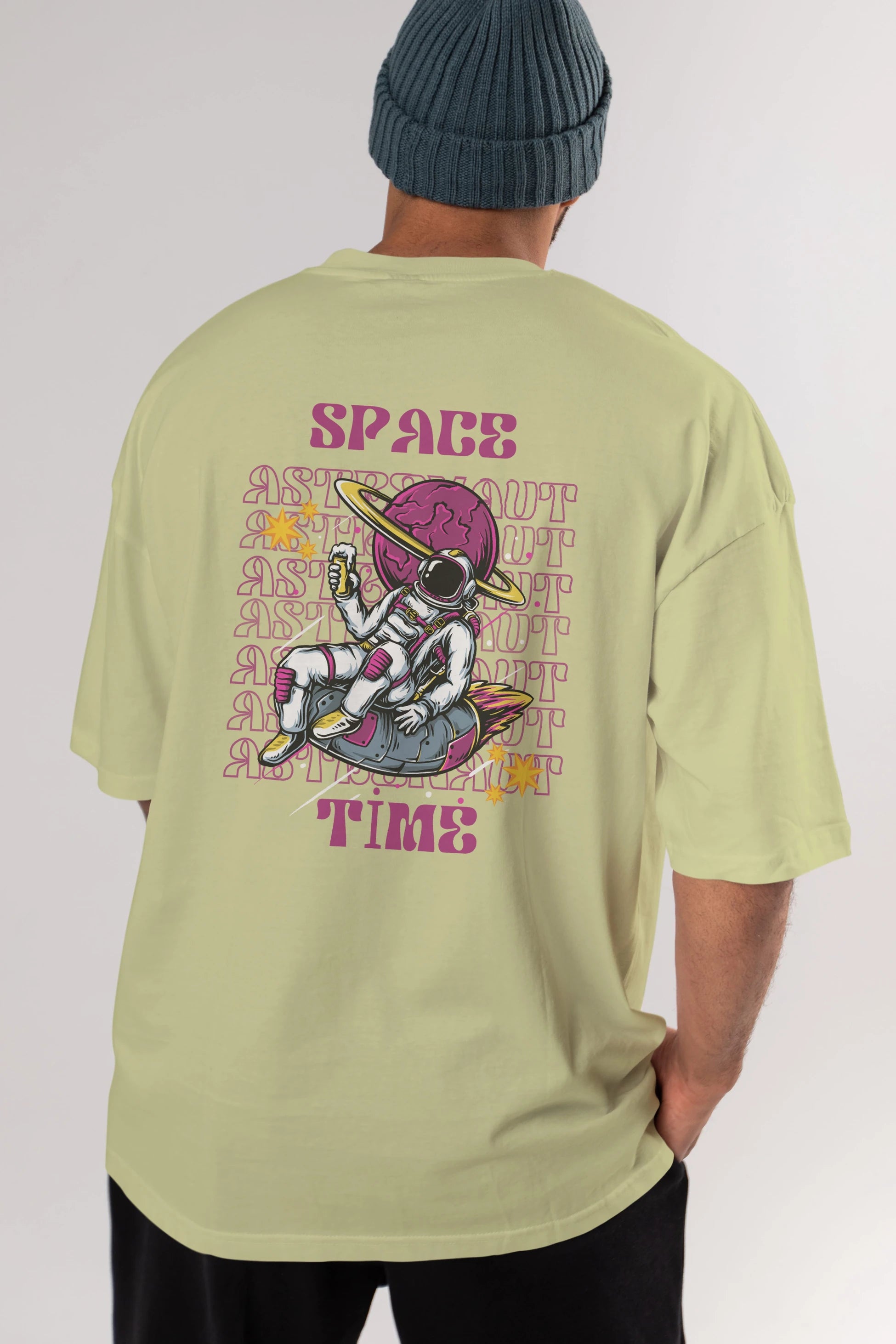 Space Time Astronaut Yazılı Arka Baskılı Oversize t-shirt Erkek Kadın Unisex