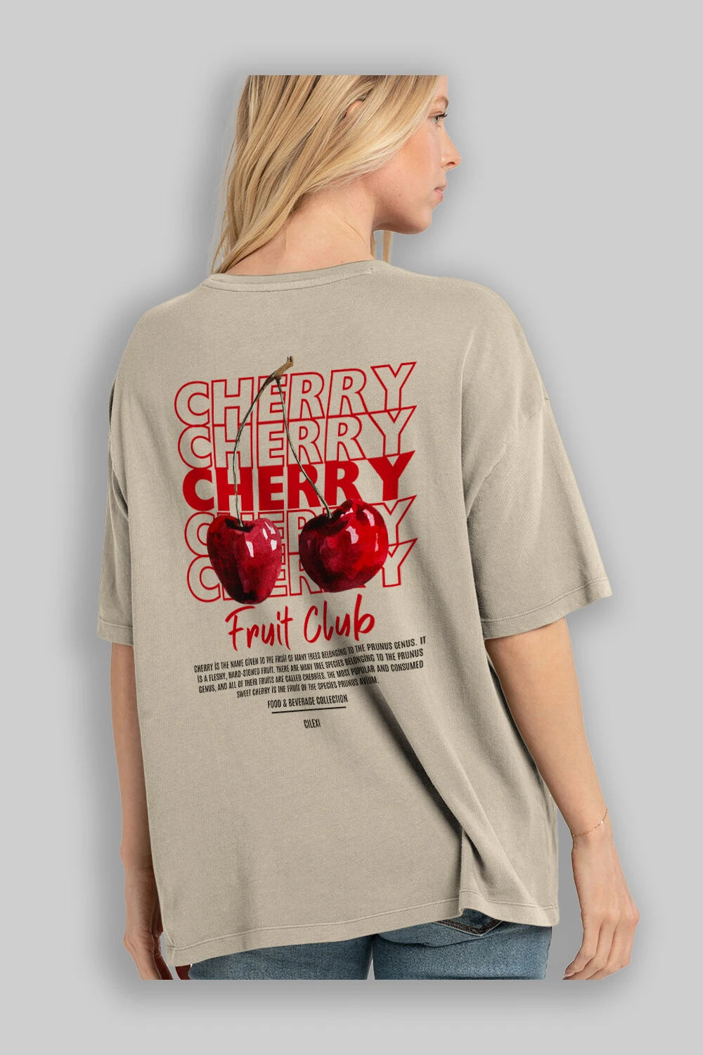 Cherry Arka Baskılı Oversize t-shirt Erkek Kadın Pamuk Bisiklet Yaka tişort
