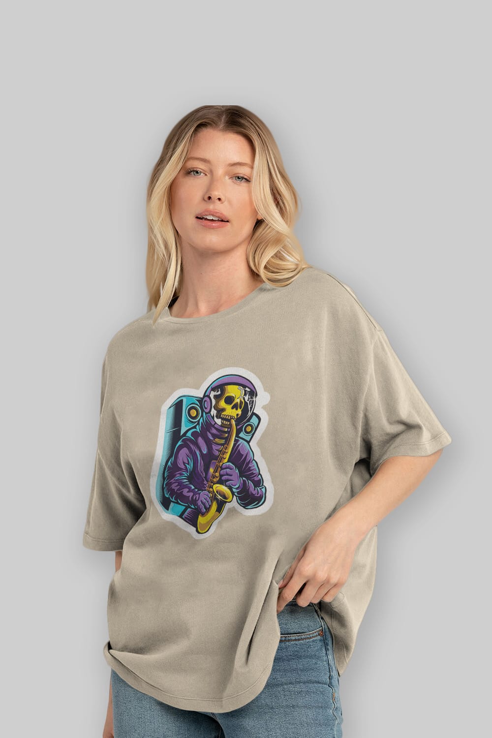 Astroskull Saxophonist Sticker Ön Baskılı Oversize t-shirt Erkek Kadın Unisex