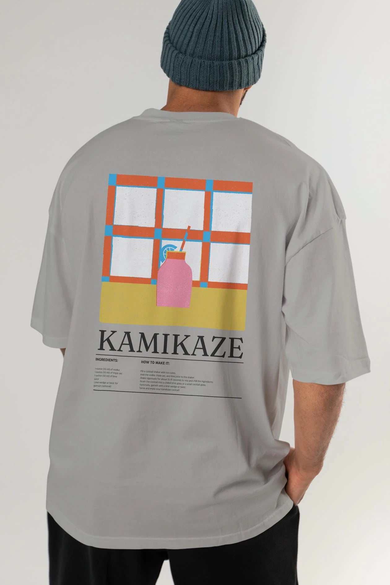 Kamikaze Kokteyl Serisi Arka Baskılı Oversize t-shirt Erkek Kadın %100 Pamuk Bisiklet Yaka tişort