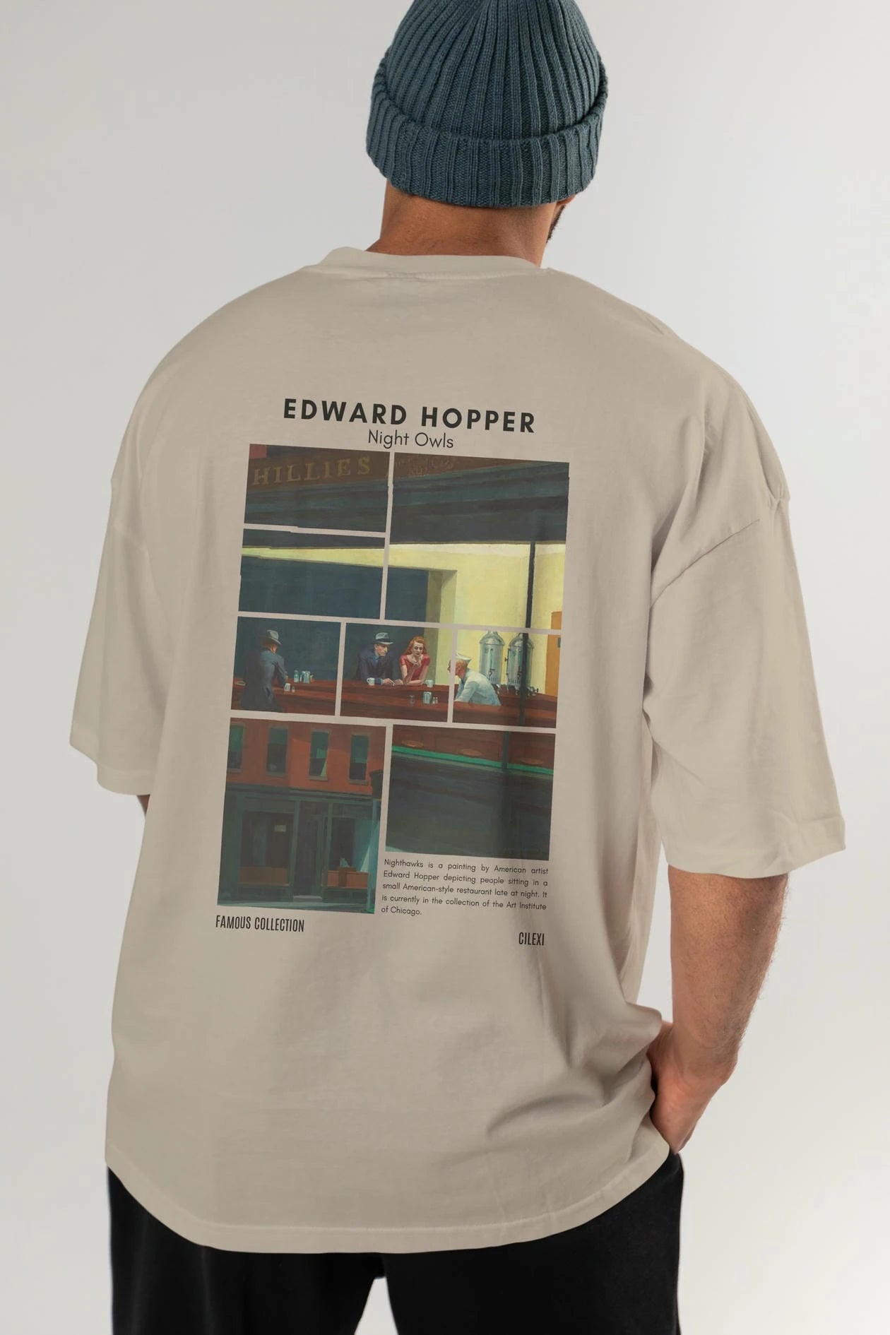 Edward Hopper Night Owls Arka Baskılı Oversize t-shirt Erkek Kadın Bisiklet Yaka Pamuk tişort