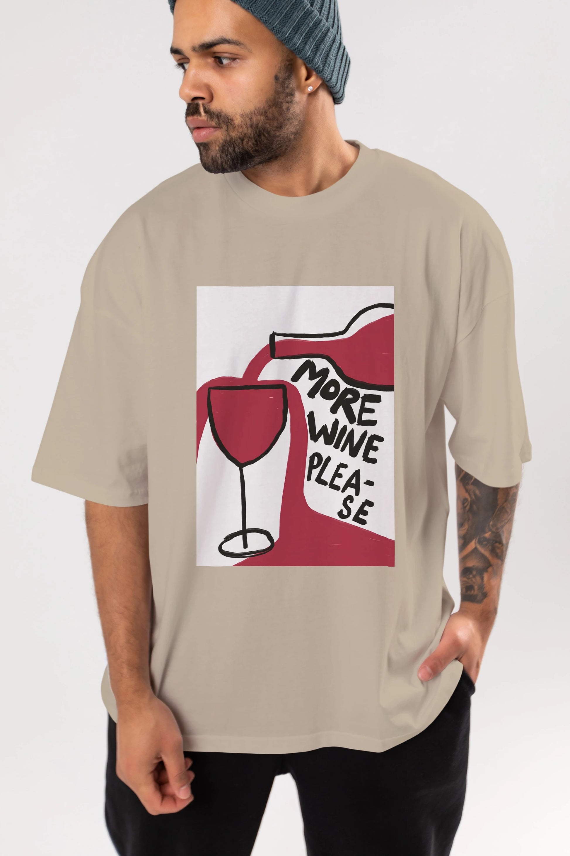 More Wine Please Ön Baskılı Oversize t-shirt Erkek Kadın Unisex %100 Pamuk Bisiklet Yaka tişort