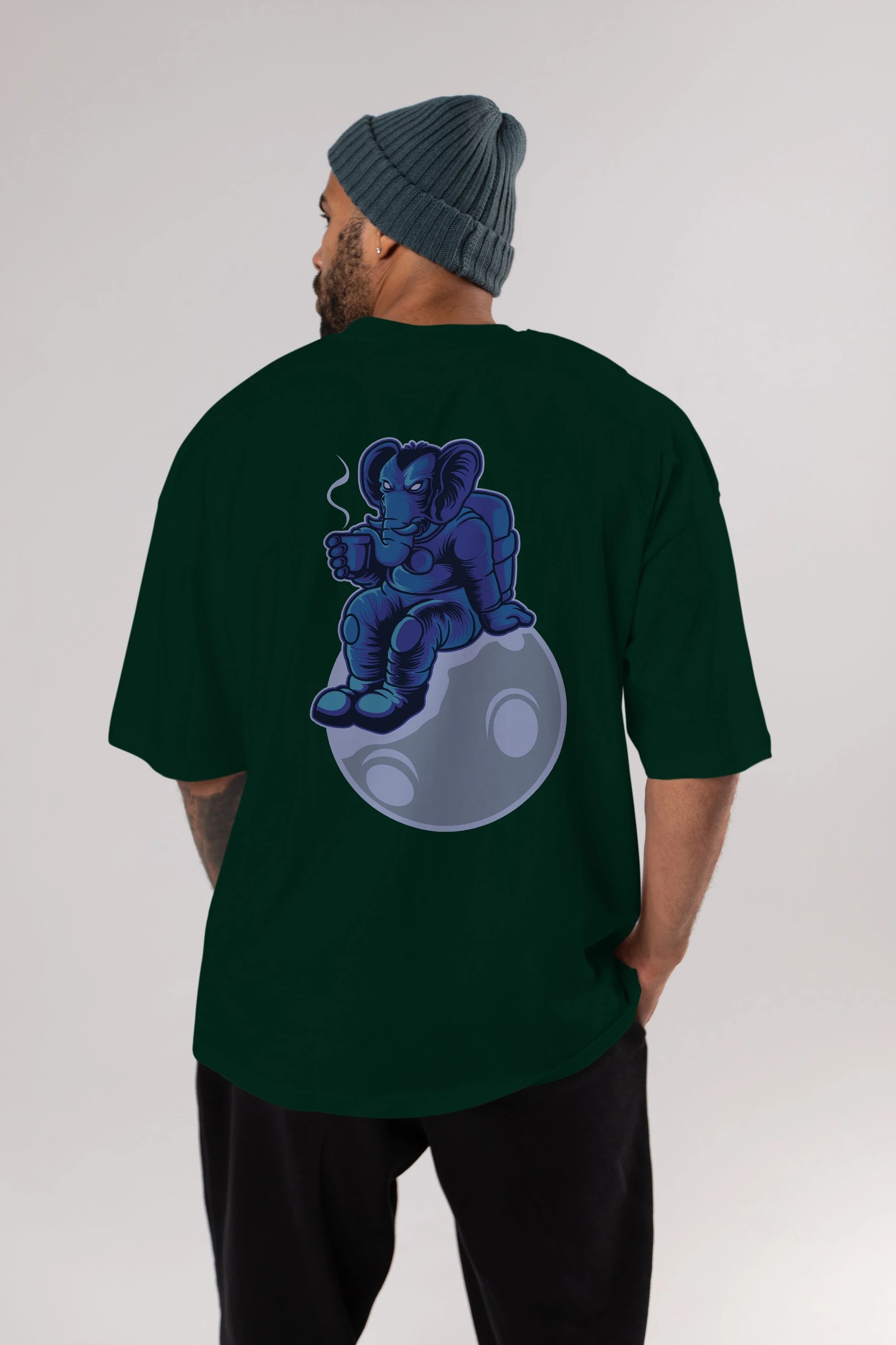 Space Elephant Drink Coffee Arka Baskılı Oversize t-shirt Erkek Kadın Unisex