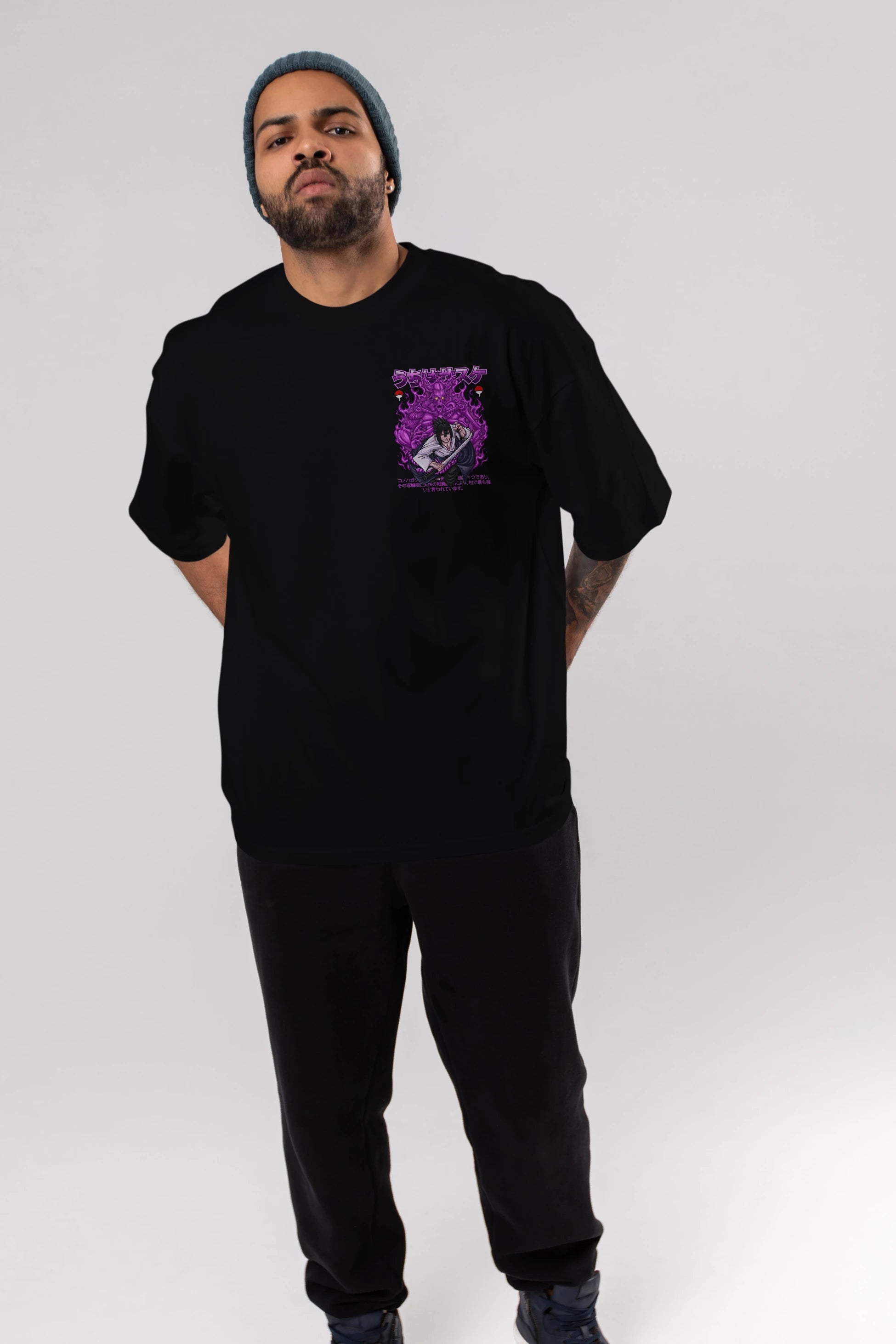 SASUKE UCHIHA NARUTO Ön Sol Baskılı Oversize t-shirt Erkek Kadın Unisex %100 Pamuk Bisiklet Yaka tişort