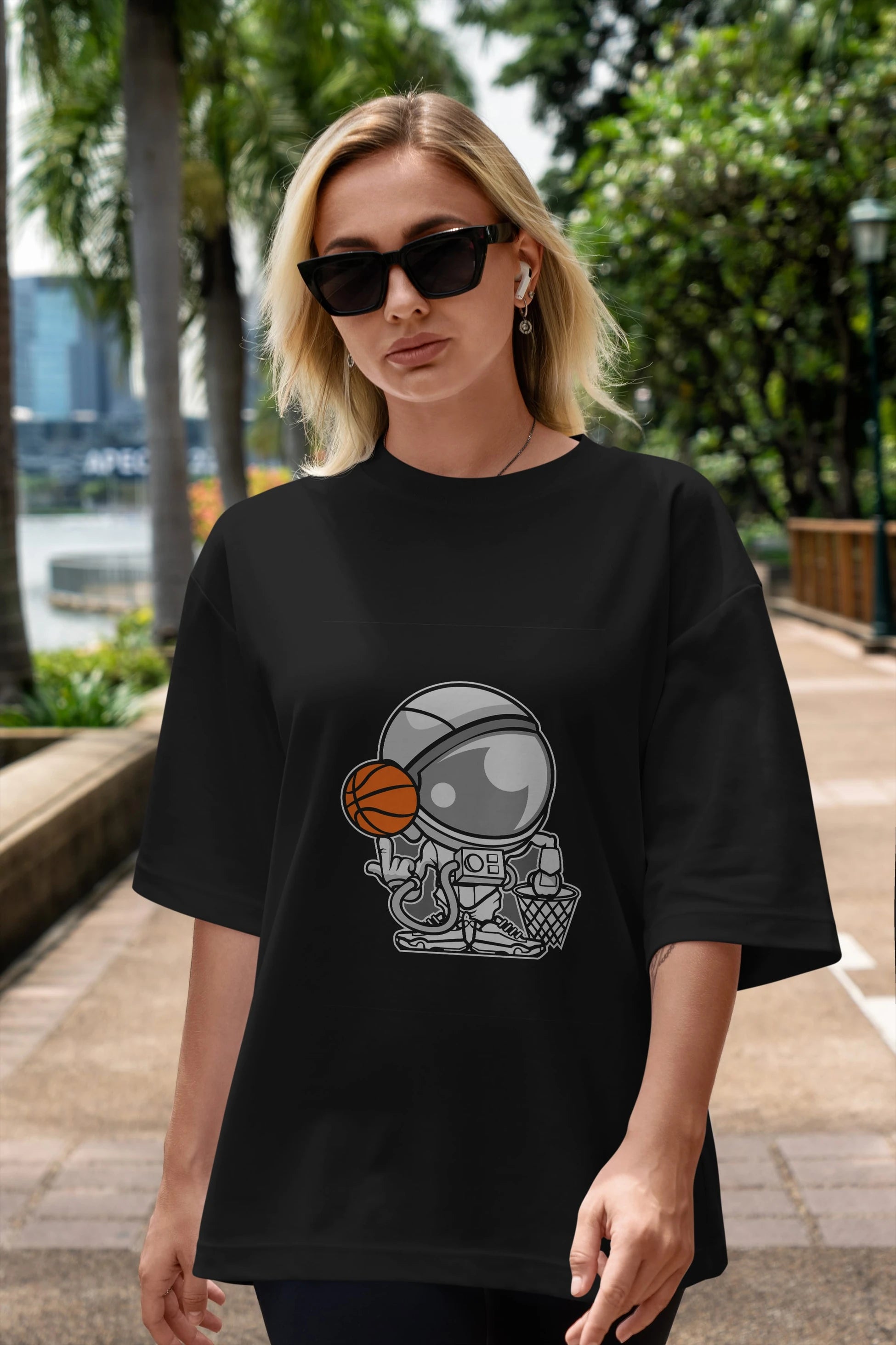 Astronaut Basketball Ön Baskılı Oversize t-shirt Erkek Kadın Unisex %100 Pamuk tişort