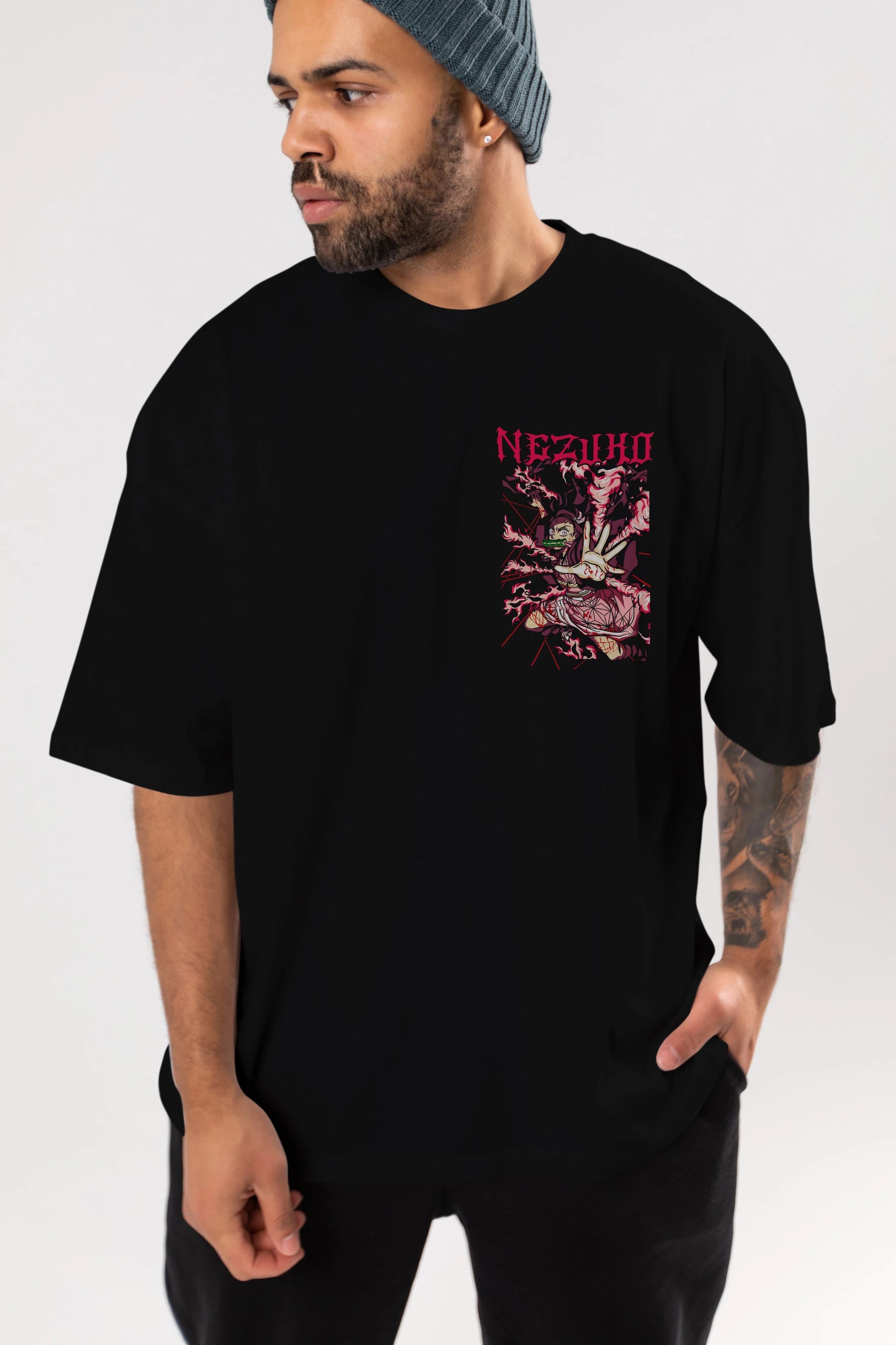 NEZUKO KAMADO Ön Sol Baskılı Oversize t-shirt Erkek Kadın Unisex %100 Pamuk Bisiklet Yaka tişort
