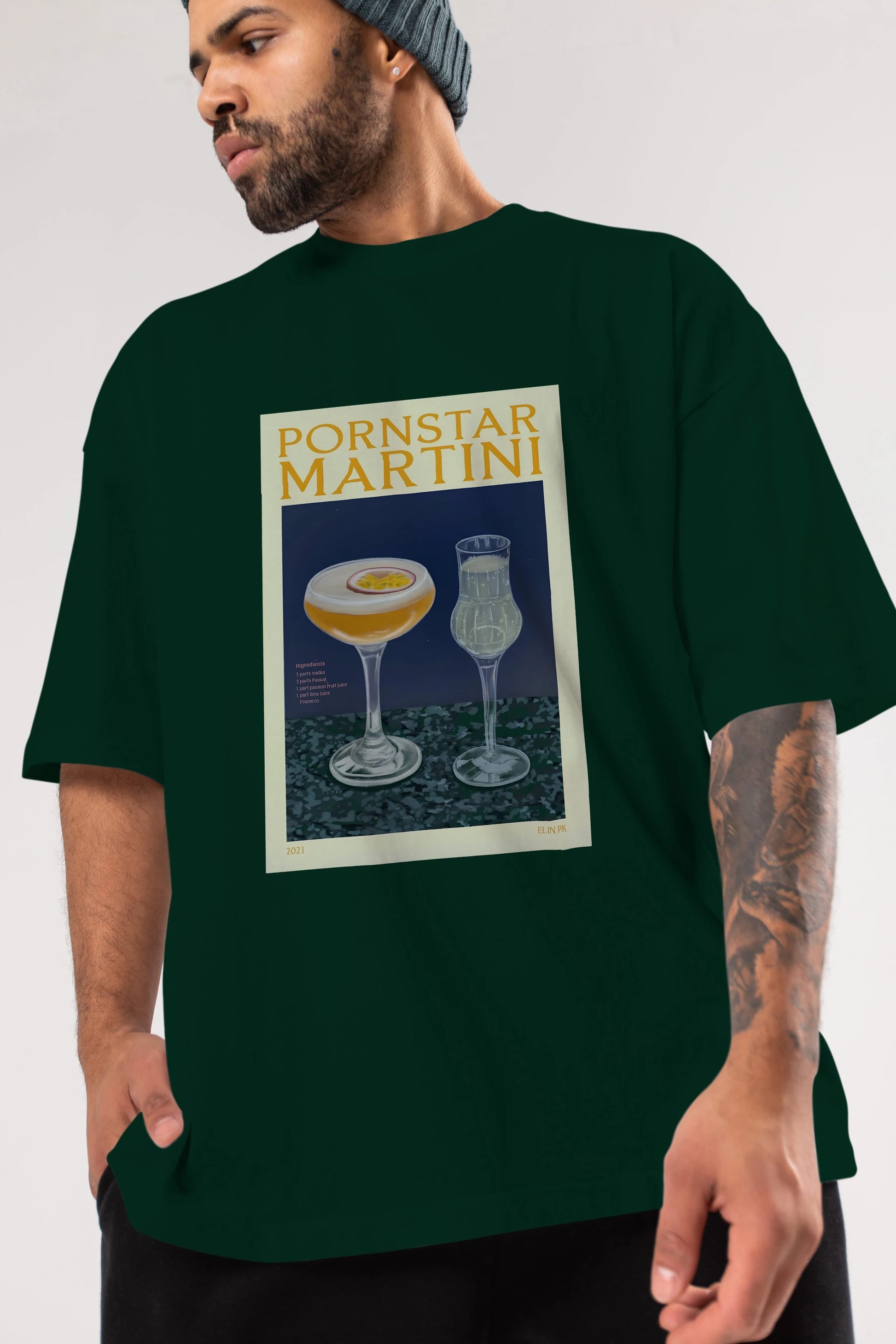 P.rnstar Martini Ön Baskılı Oversize t-shirt Erkek Kadın Unisex %100 Pamuk Bisiklet Yaka tişort