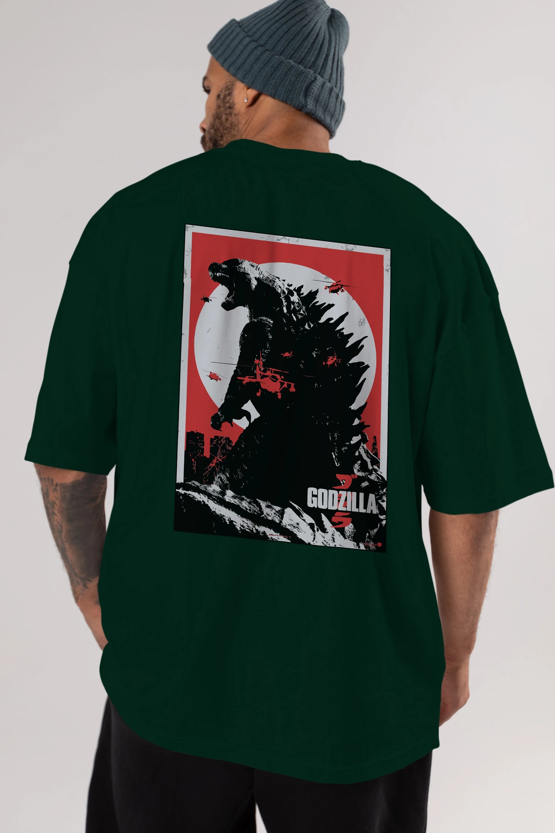 Godzilla (2) Arka Baskılı Oversize t-shirt Erkek Kadın Unisex %100 Pamuk Bisiklet Yaka tişort