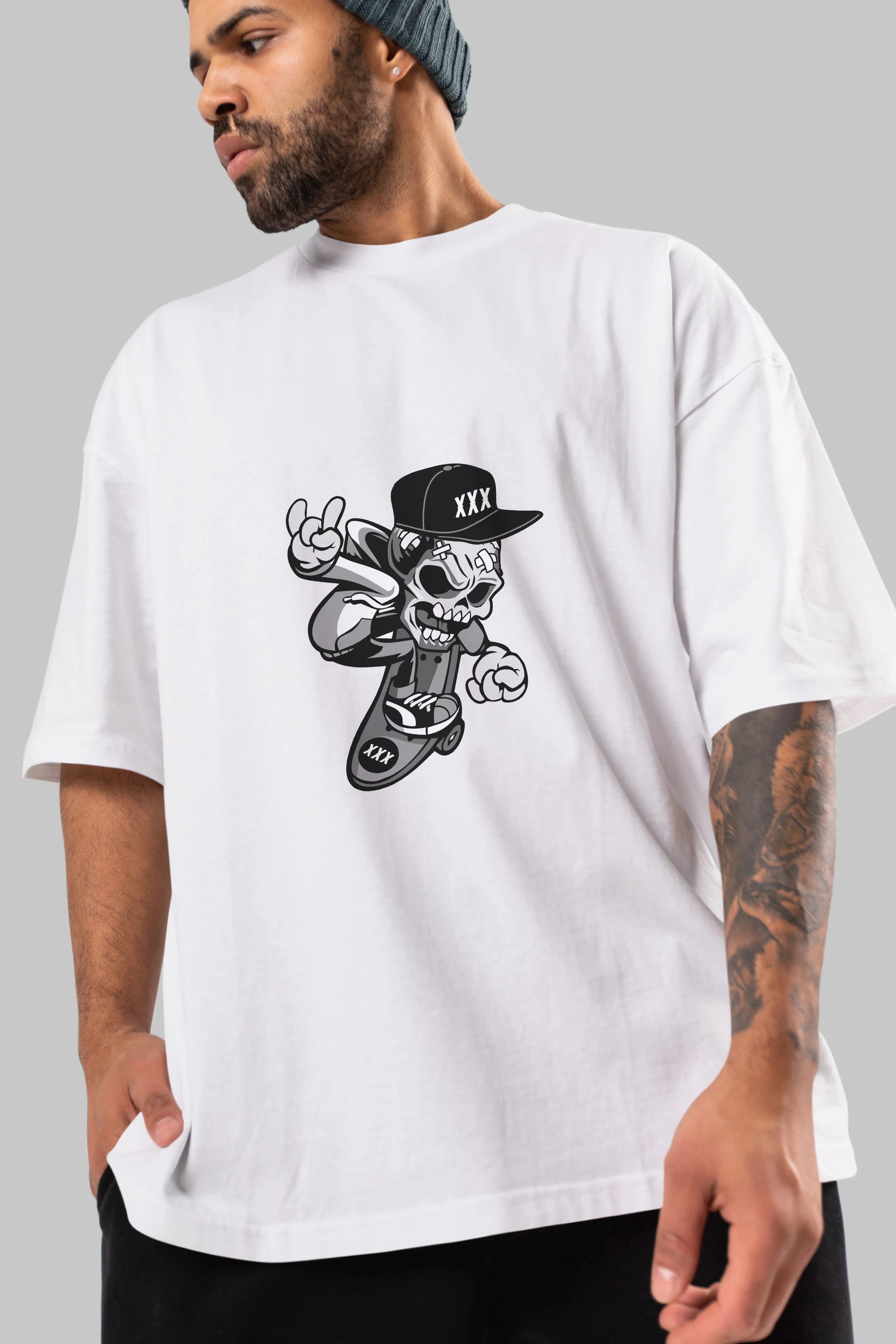 Skull Skateboard Ön Baskılı Oversize t-shirt Erkek Kadın Unisex %100 Pamuk tişort