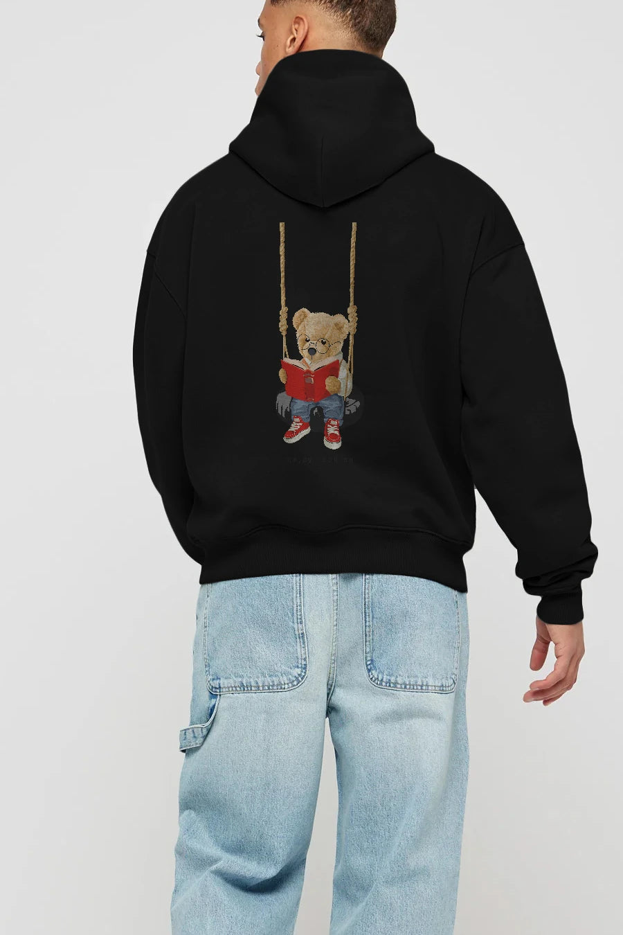 Teddy Bear Enjoy Reading Arka Baskılı Hoodie Oversize Kapüşonlu Sweatshirt Erkek Kadın Unisex