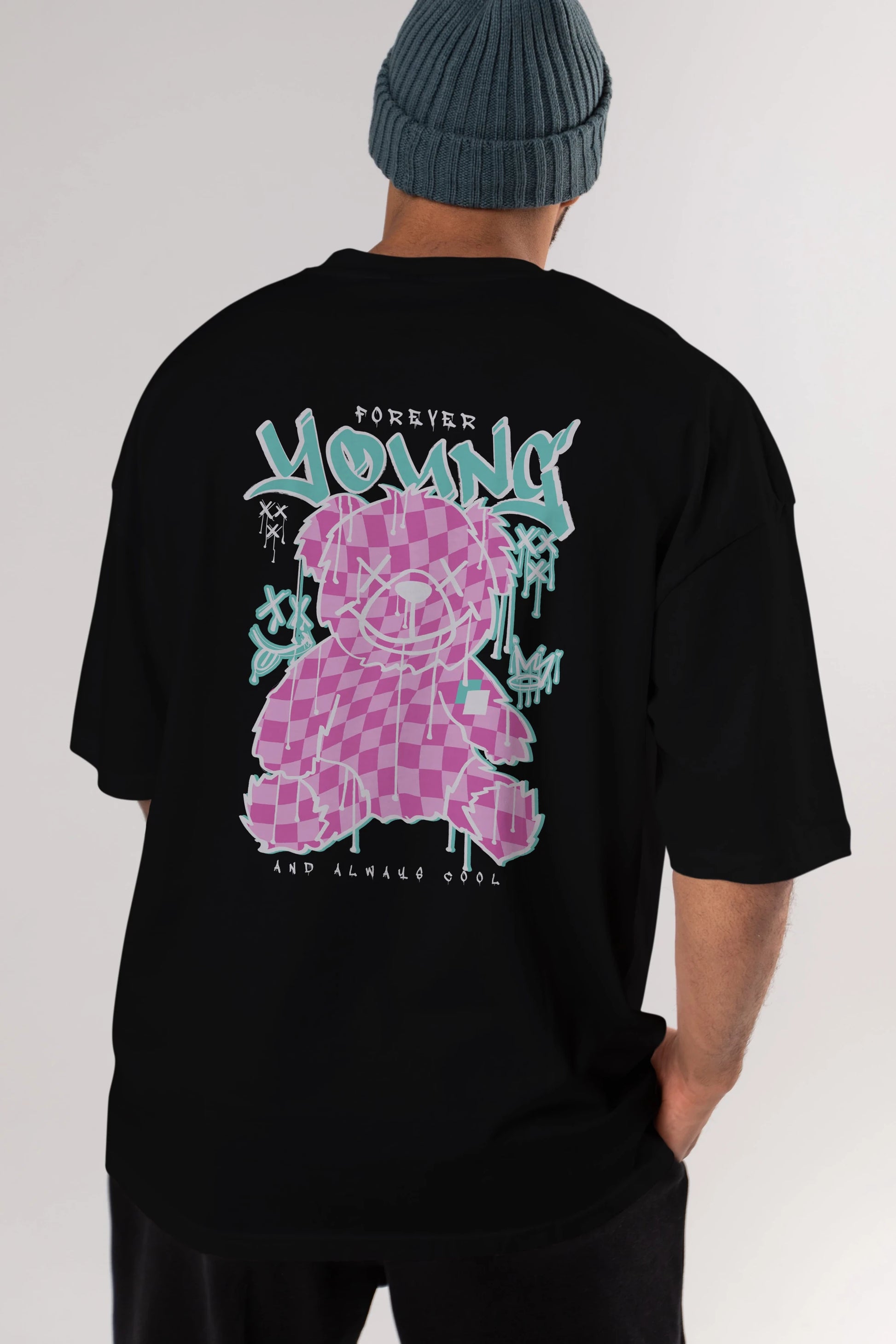 Young and Always Cool Bear Arka Baskılı Oversize t-shirt Erkek Kadın Unisex