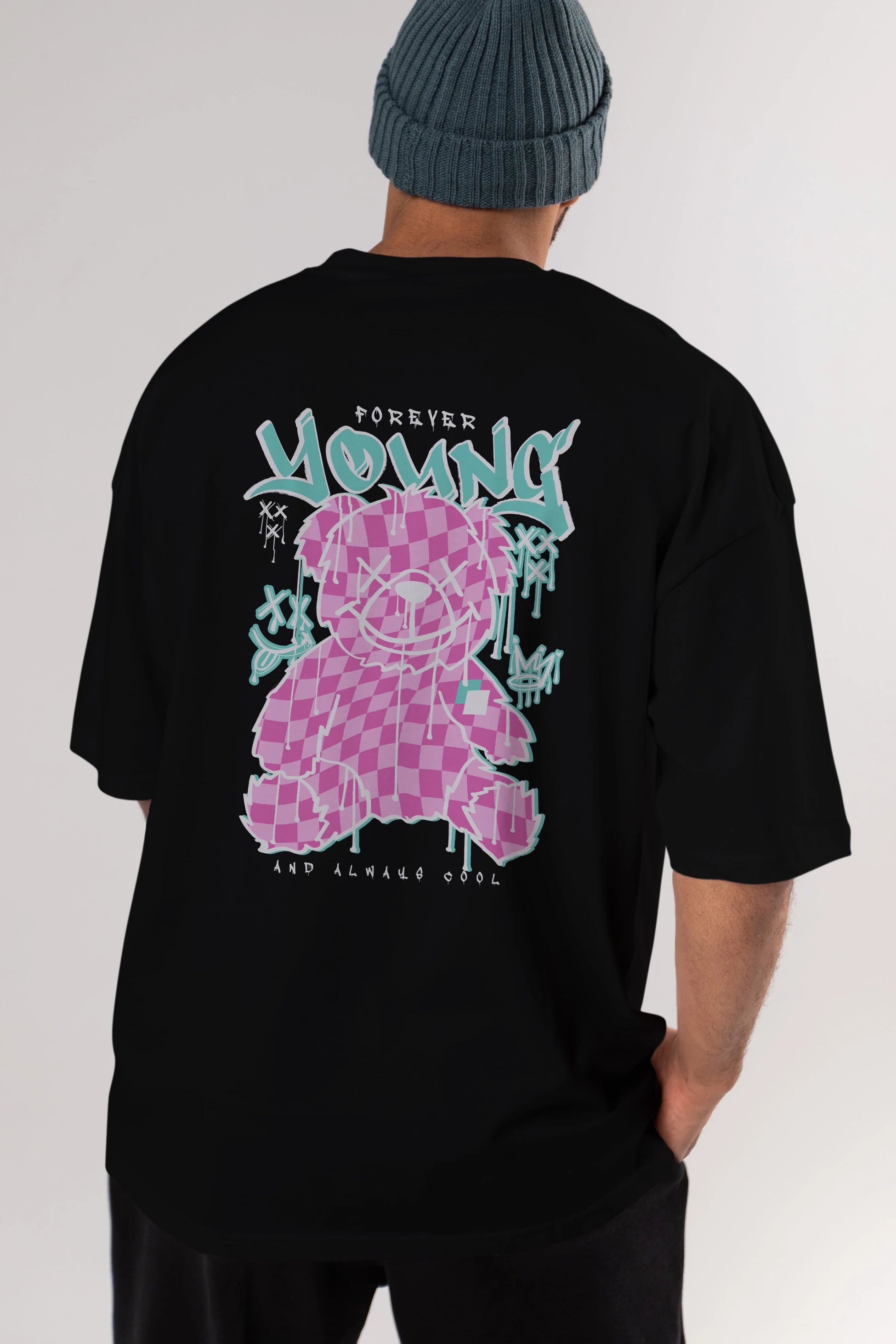 Young and Always Cool Bear Arka Baskılı Oversize t-shirt Erkek Kadın Unisex