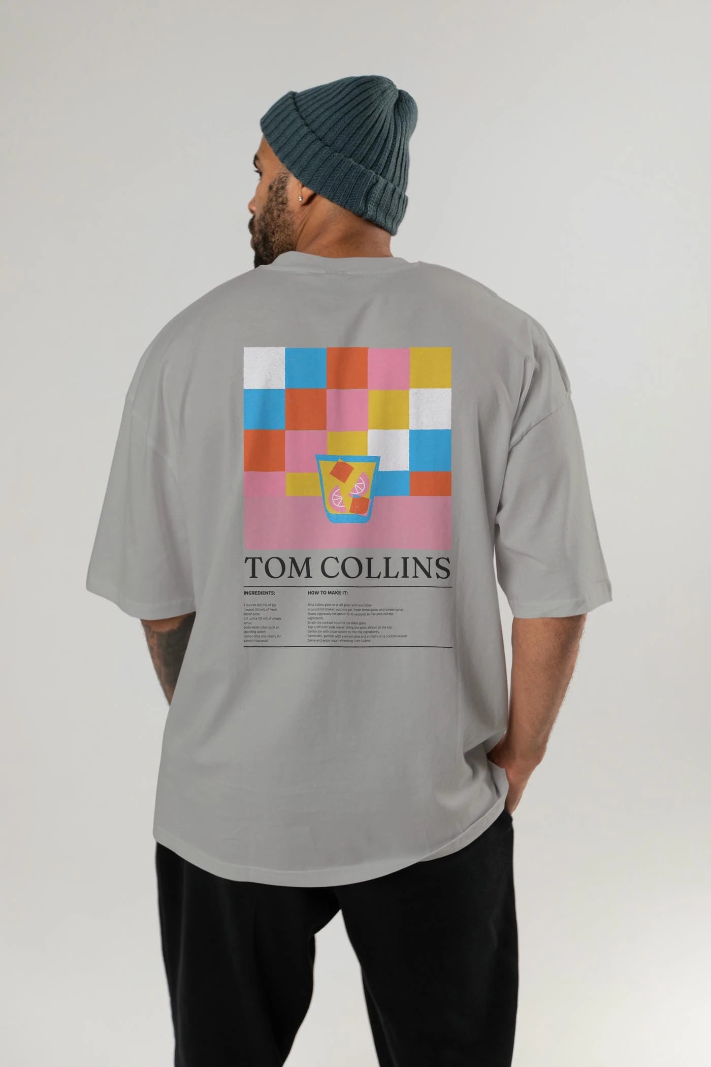 Tom Collins Kokteyl Serisi Arka Baskılı Oversize t-shirt Erkek Kadın %100 Pamuk Bisiklet Yaka tişort