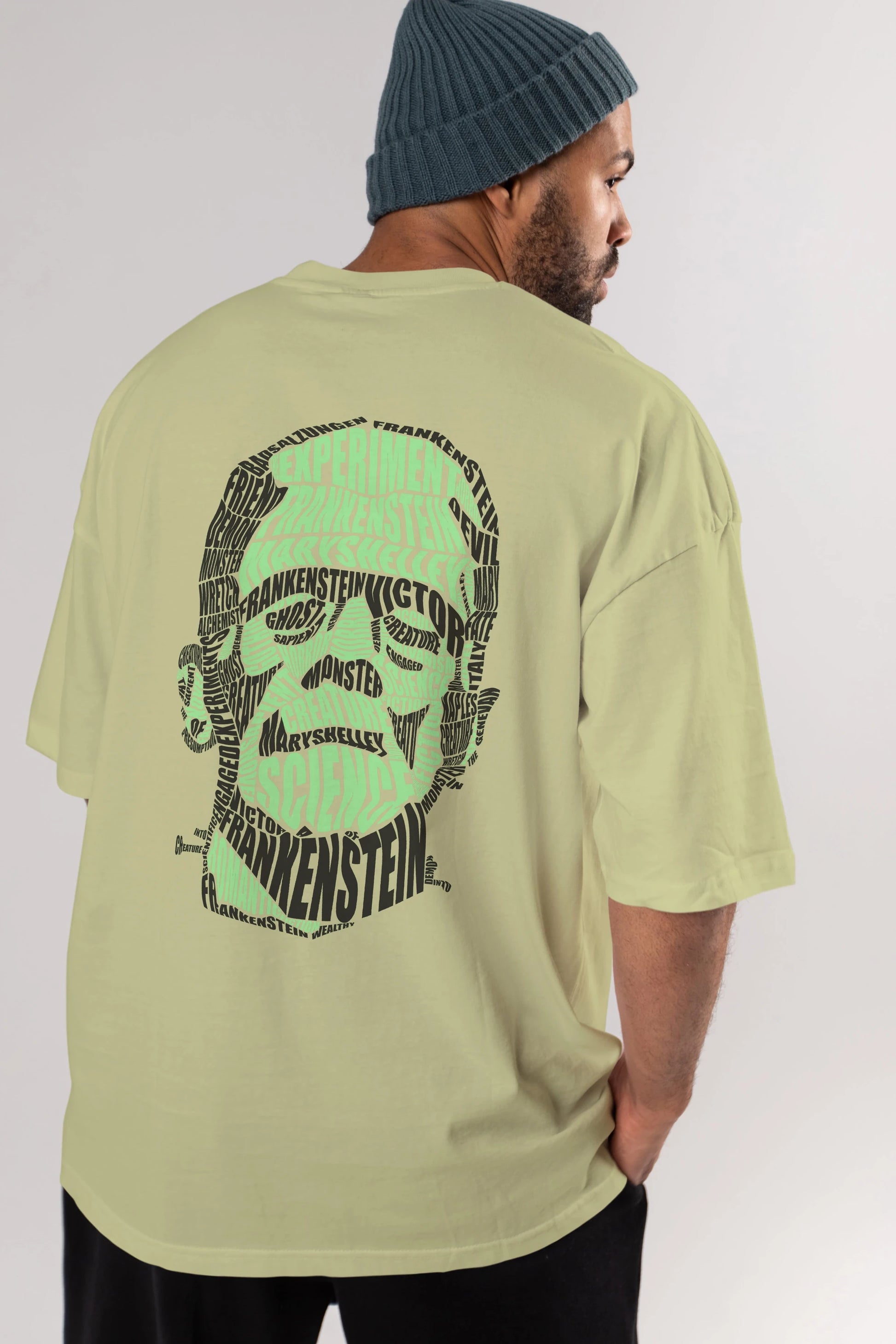 Frankenstein Calligram Arka Baskılı Oversize t-shirt %100 pamuk Erkek Kadın Unisex