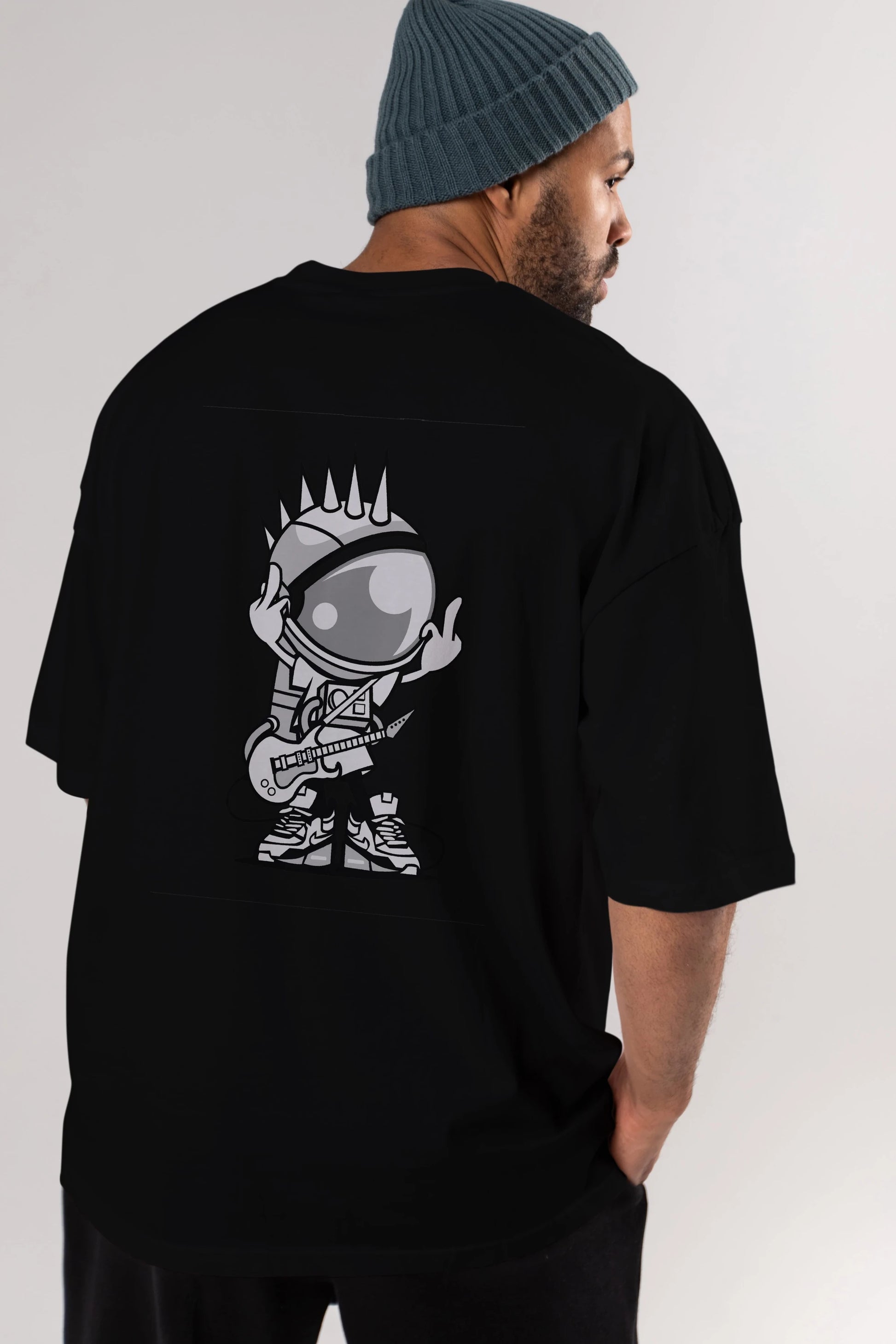 Astronaut Punk Rock Arka Baskılı Oversize t-shirt Erkek Kadın Unisex %100 Pamuk tişort