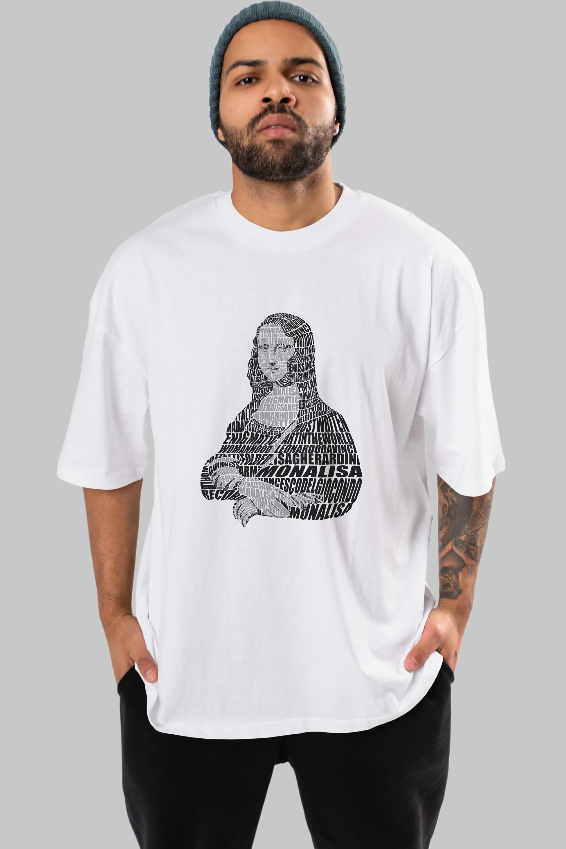 Mona Lisa Calligram Ön Baskılı Oversize t-shirt %100 pamuk Erkek Kadın Unisex