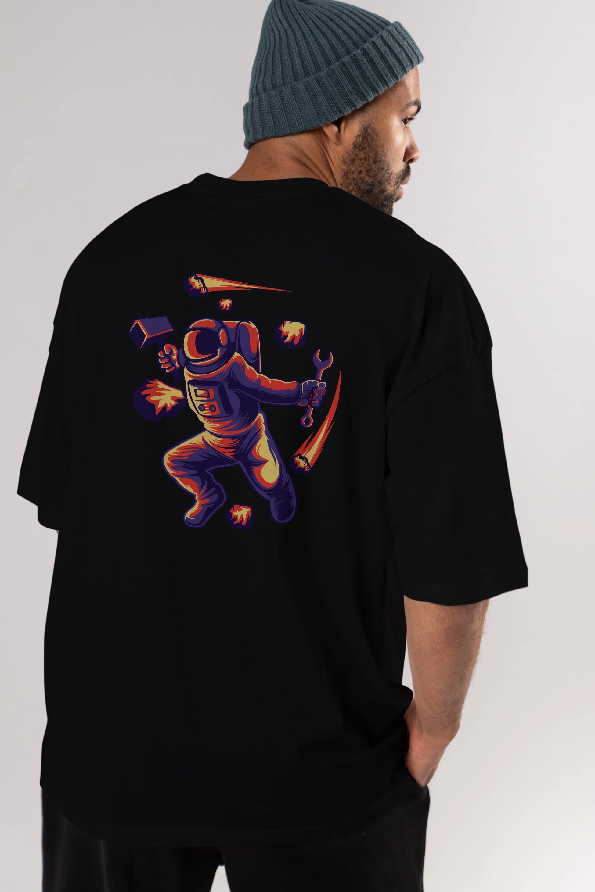 Astronaut Block Meteor Arka Baskılı Oversize t-shirt Erkek Kadın Unisex