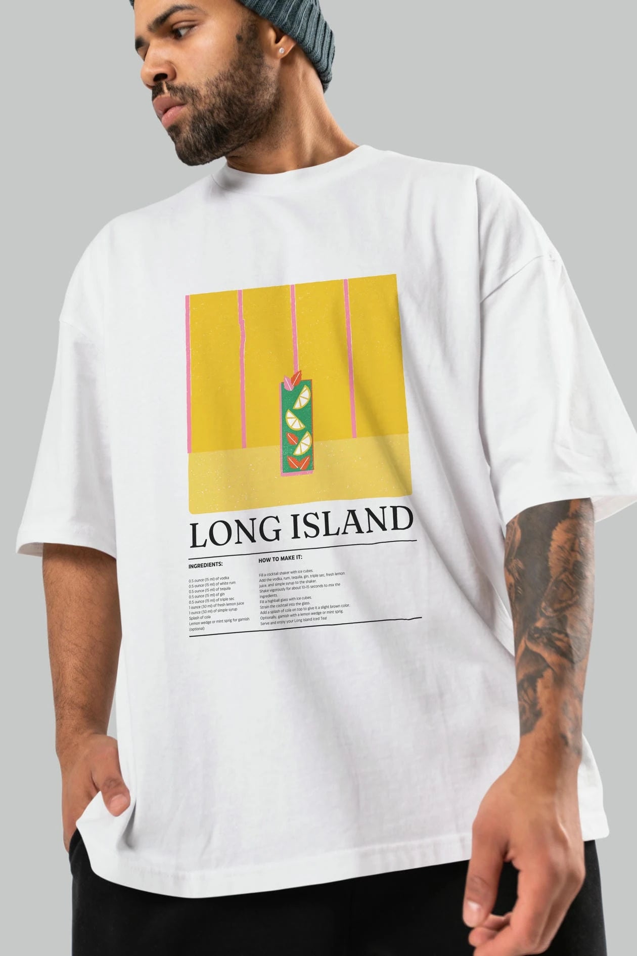 Long Island Kokteyl Ön Baskılı Oversize t-shirt Erkek Kadın %100 Pamuk Bisiklet Yaka tişort