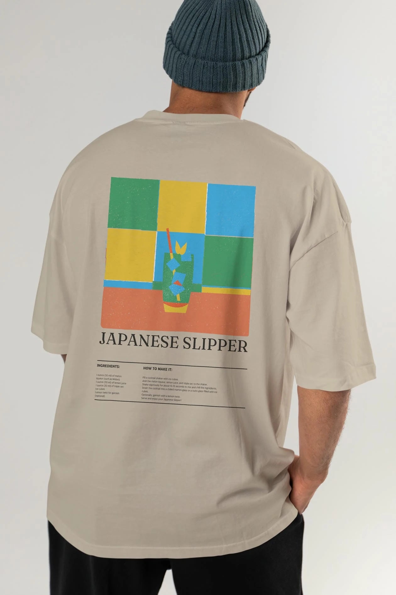 Japanese Slipper Kokteyl Serisi Arka Baskılı Oversize t-shirt Erkek Kadın %100 Pamuk Bisiklet Yaka tişort