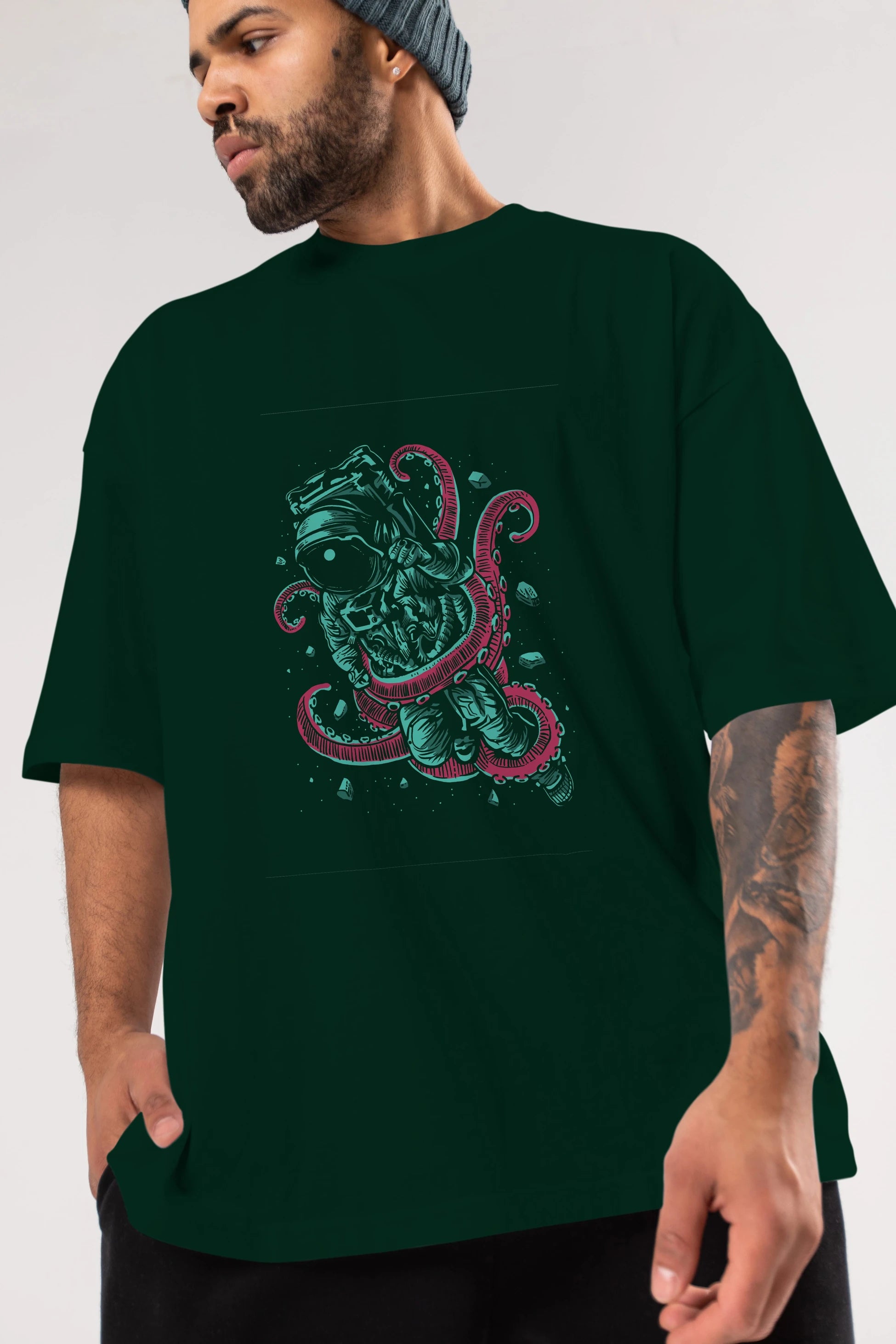 Astronaut Octopus Ön Baskılı Oversize t-shirt Erkek Kadın Unisex %100 Pamuk tişort