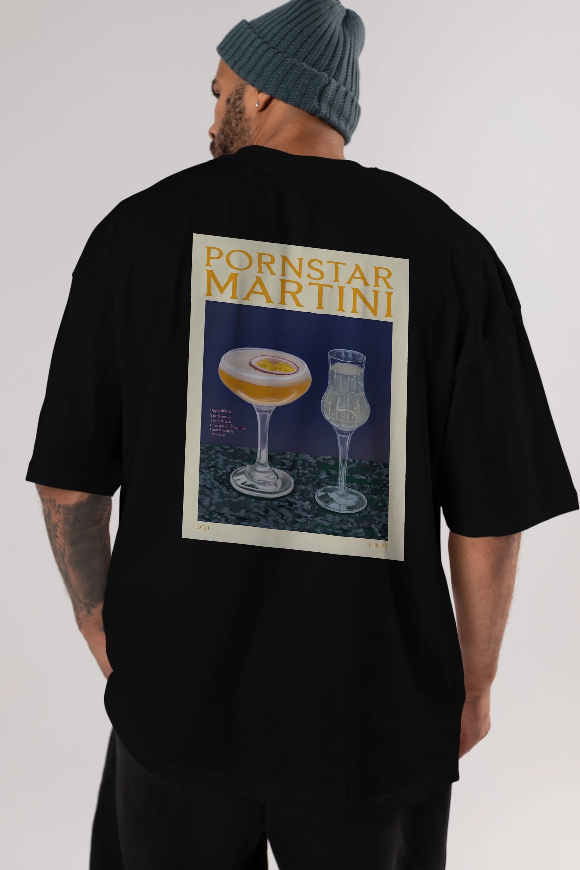 P.rnstar Martini Arka Baskılı Oversize t-shirt Erkek Kadın Unisex %100 Pamuk Bisiklet Yaka tişort